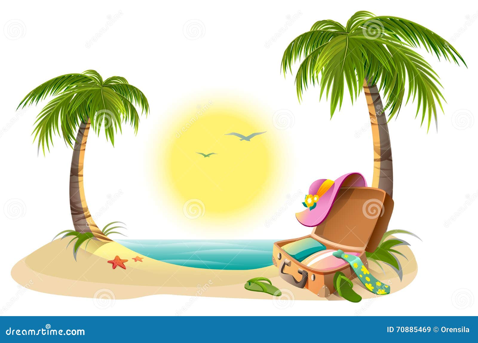 beach holidays on summer vacations. tropical sun, sea, palm trees, sand and open suitcase