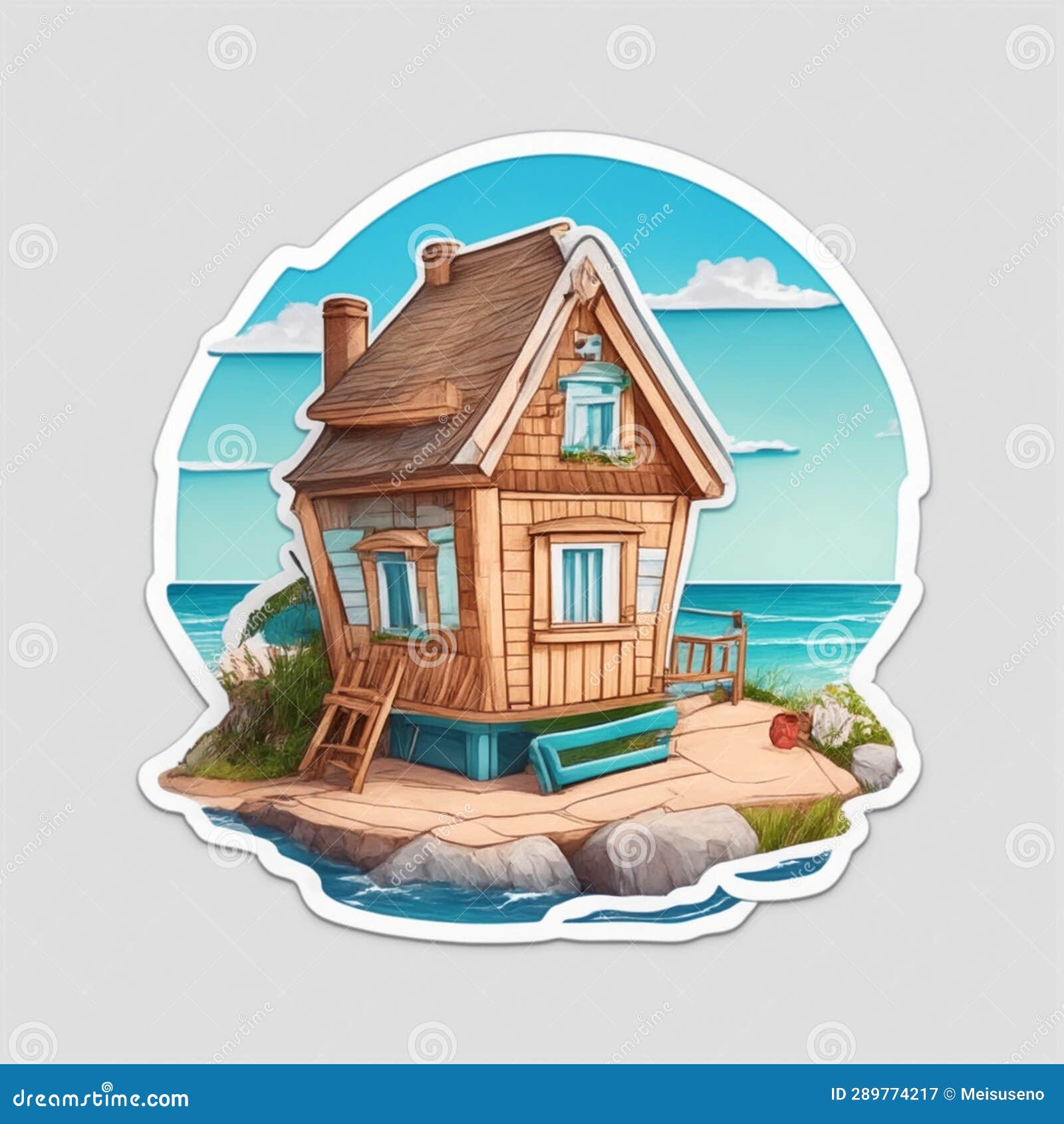 Beach House Cartoon Sticker Illustration Stock Illustration