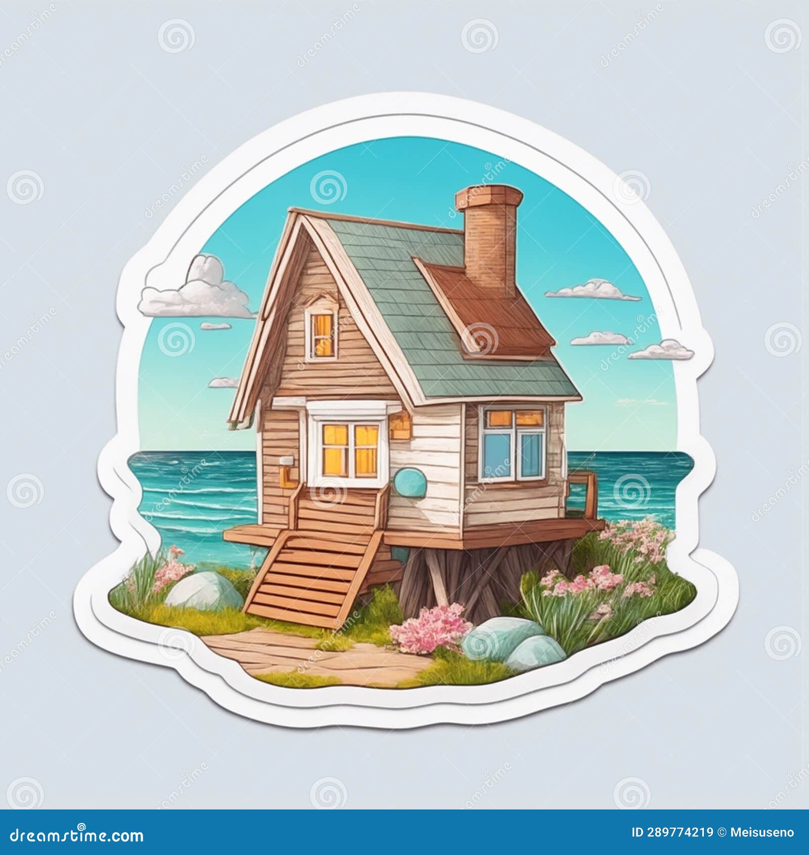 Beach House Cartoon Sticker Illustration Stock Illustration