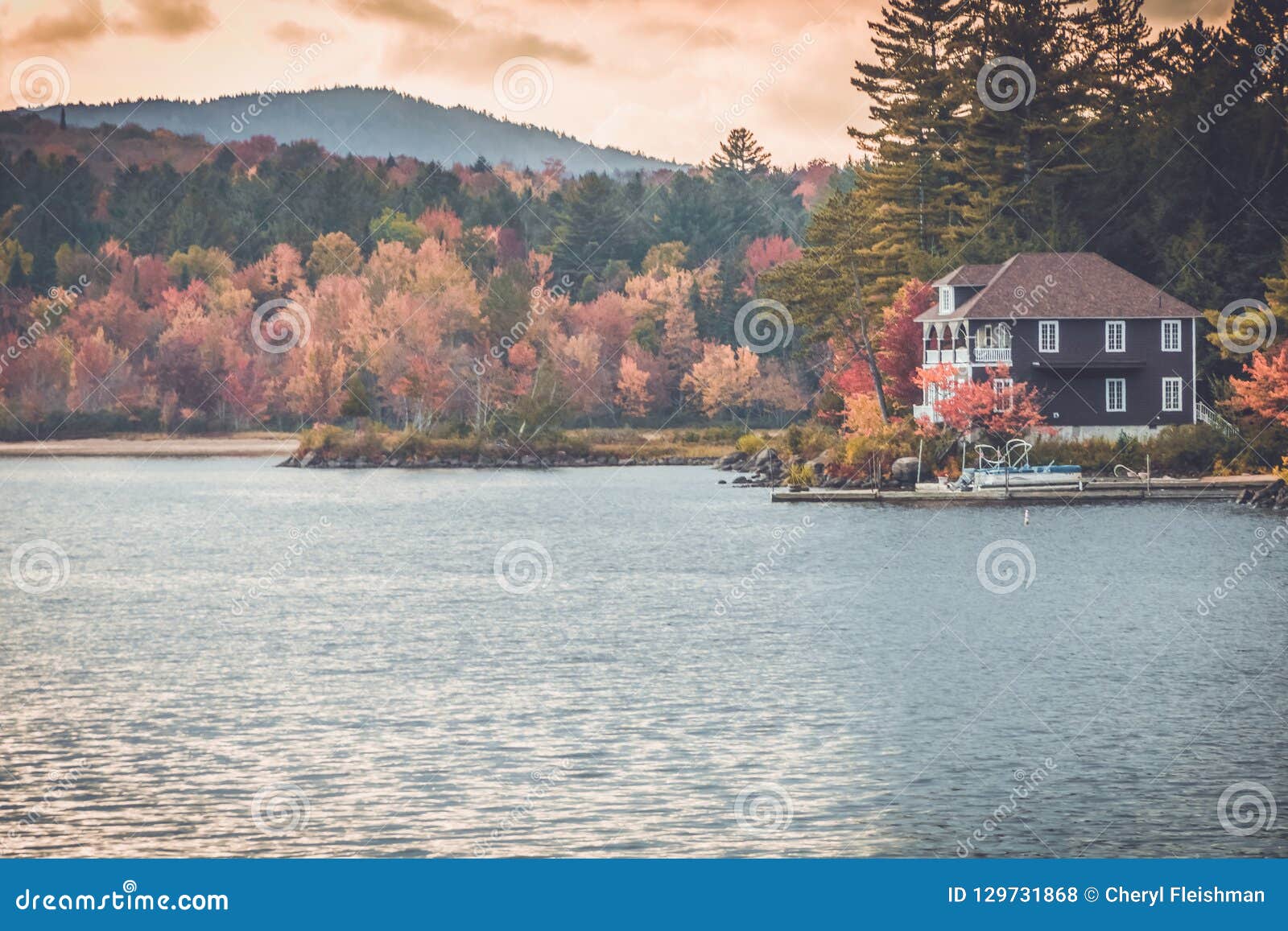 Beach House on Long Lake, Adirondacks, NY, in the Fall Surrounded by