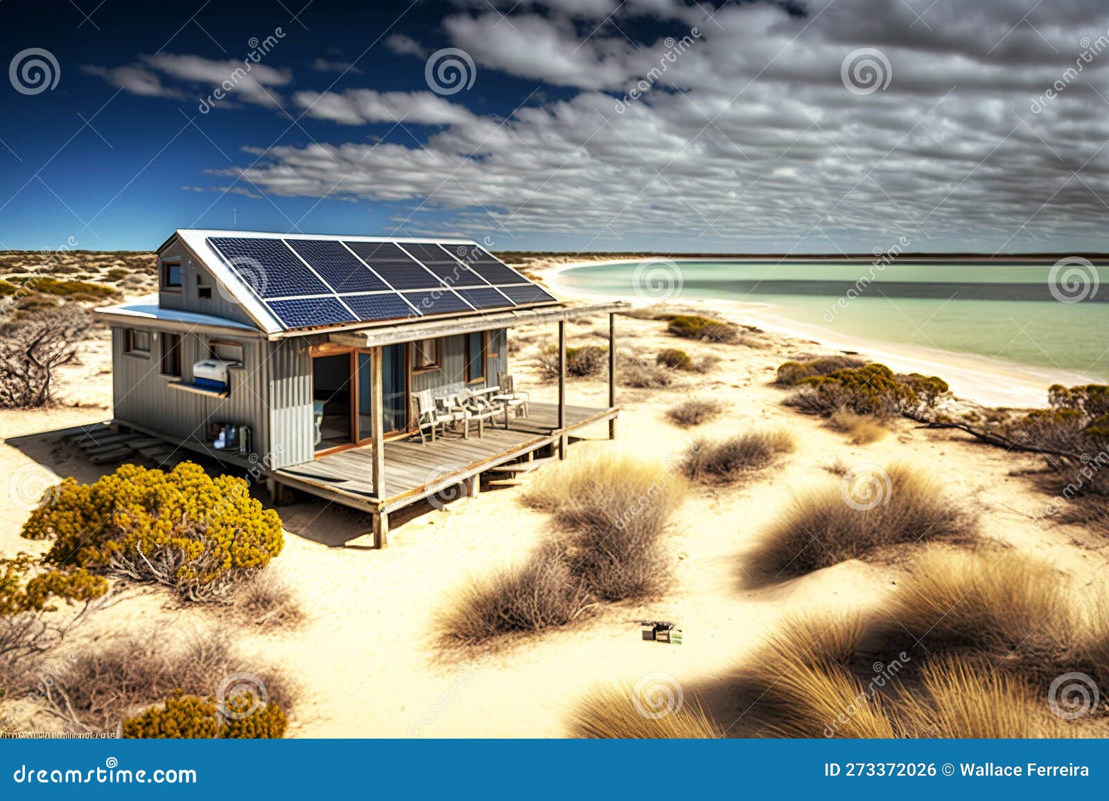 Beach House with Solar Panels. Generative AI. Stock Illustration
