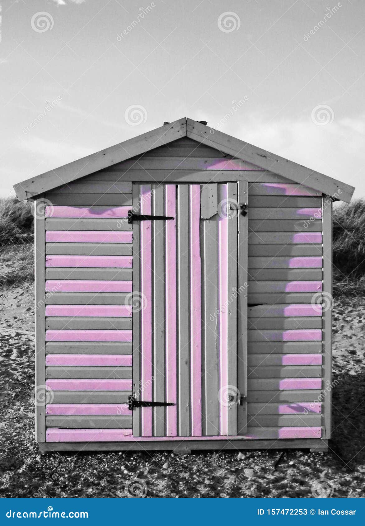 Beach Hut with Pink Stripes Stock Image Image of colour, sand 157472253