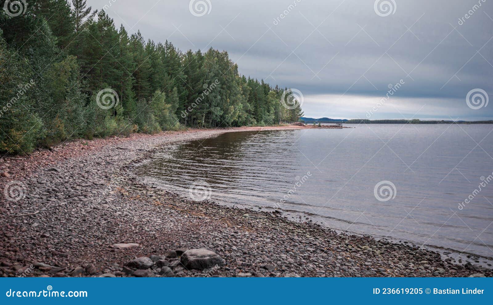 beach and lakeshore at lake siljan in dalarna, sweden