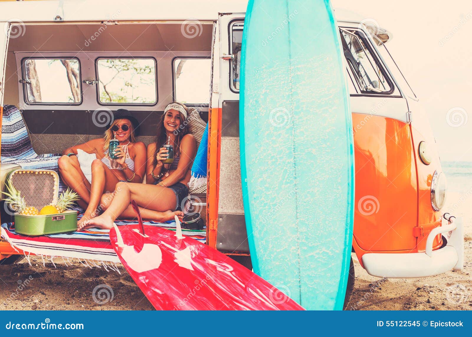 beach lifestyle surfer girls in vintage surf van