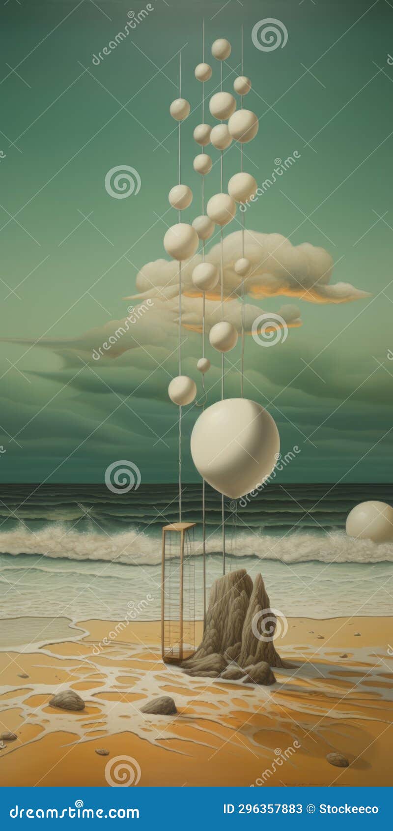 surreal beachscape white man in boat with hanging spherical sculptures