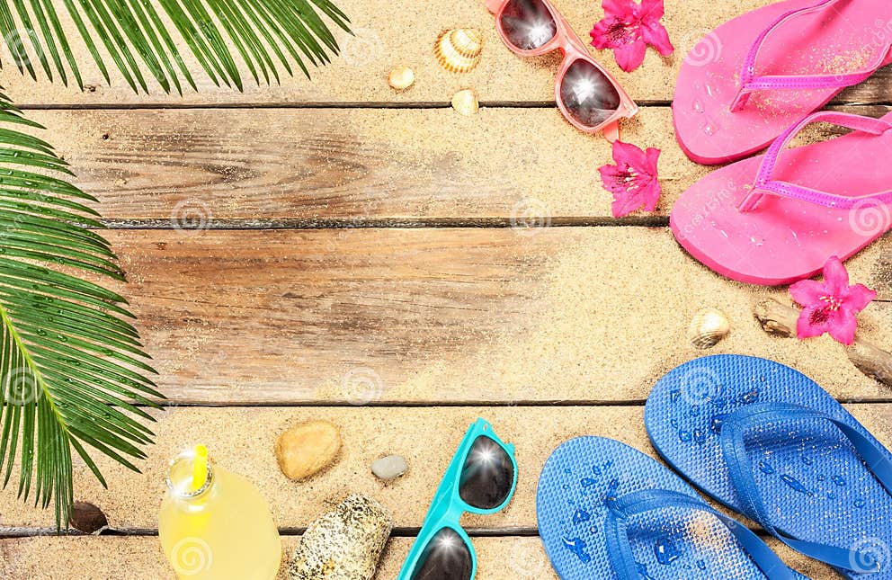 Beach, Palm Tree Leaves, Sand, Sunglasses and Flip Flops Stock Image ...