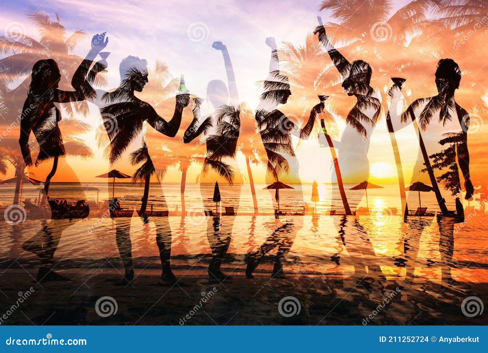 Beach Party Double Exposure, Group of Young People Dancing Stock Photo ...
