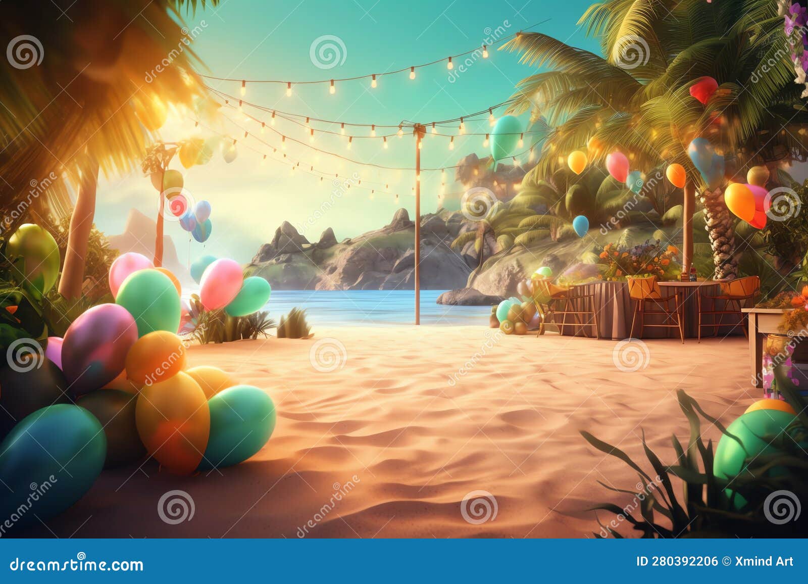 Beach Party Festival with Colorful Balloon and Lamp Ai Generated Stock  Illustration - Illustration of beach, props: 280392206