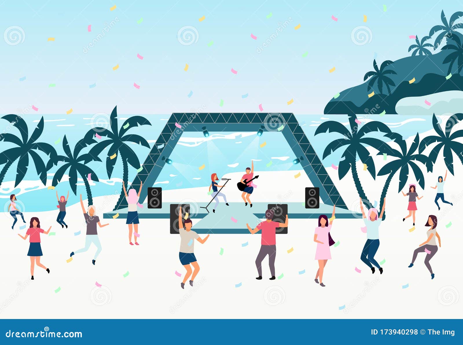 Beach Party Flat Vector Illustration. Open Air Live Performance. Rock ...