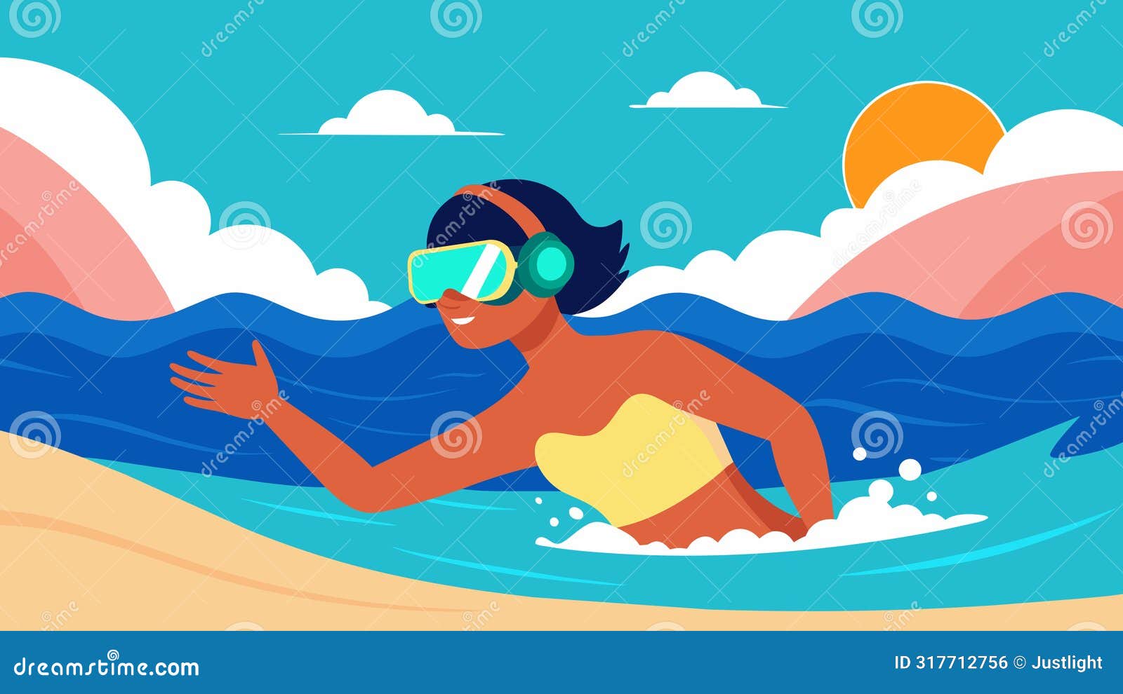 at a beach a person uses a vr headset to swim laps in a virtual ocean timed with the sound of calming waves.. 