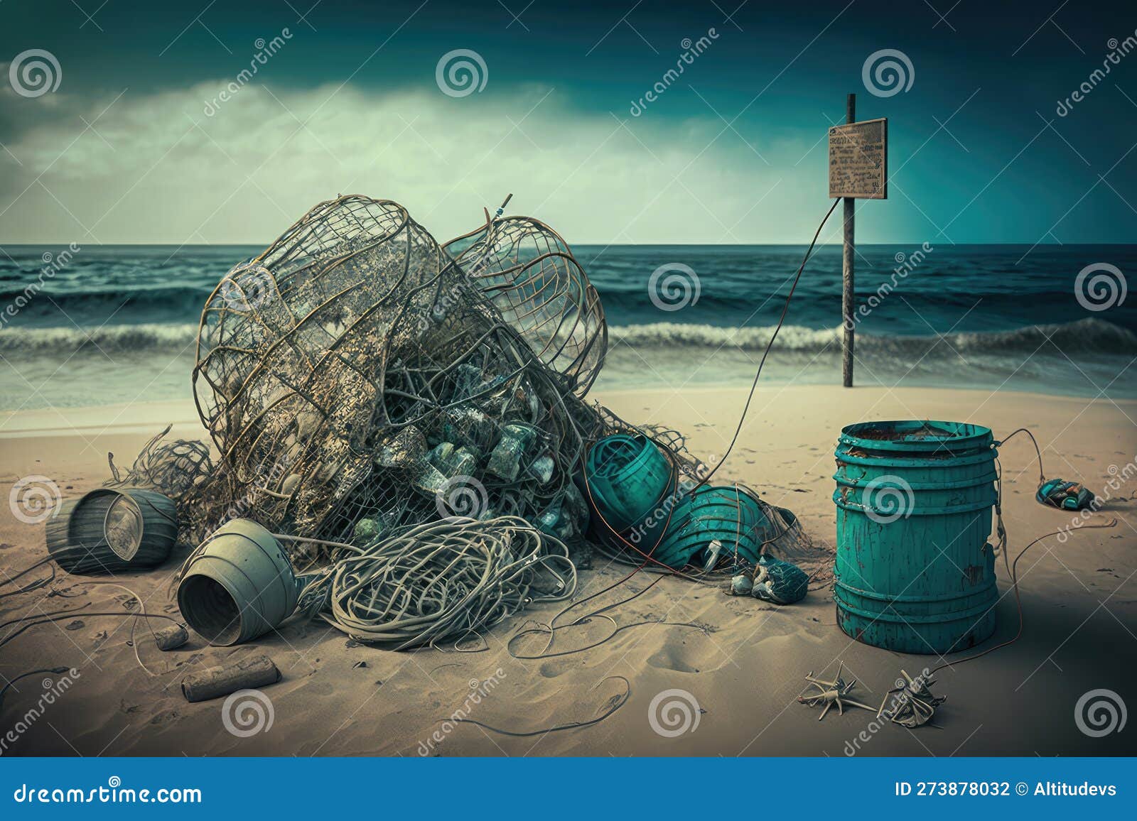 Beach with Piles of Discarded Fishing Gear, Nets, and Traps on the Sand  Stock Illustration - Illustration of fish, seafood: 273878032