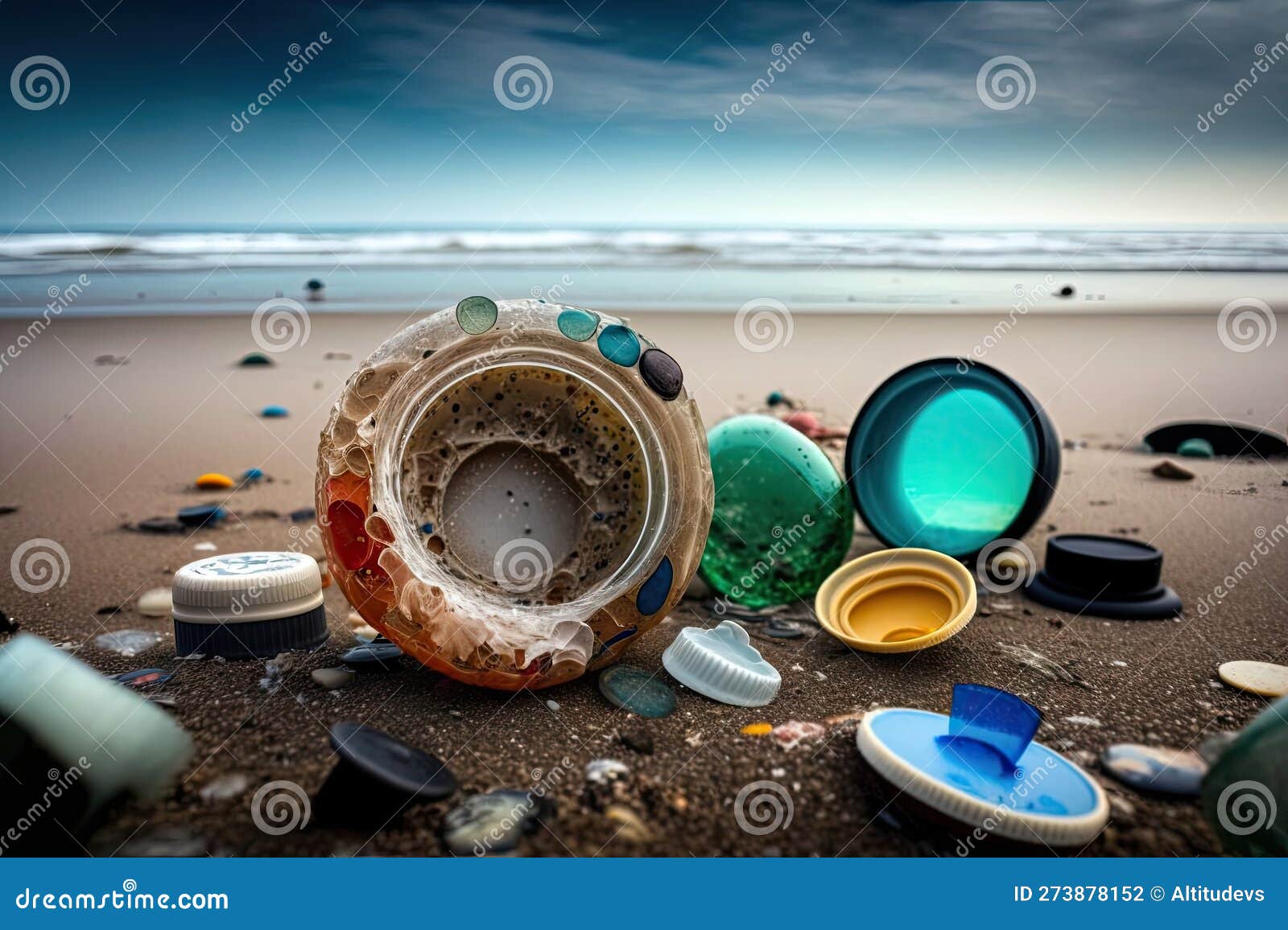 Beach with Plastic Bottle Caps, Broken Glass, and Other Harmful Waste