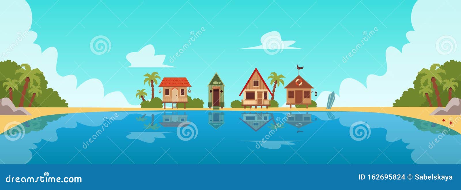 Beach Resort with Guest Houses or Bungalows Flat Cartoon Vector  Illustration. Stock Vector - Illustration of beach, island: 162695824