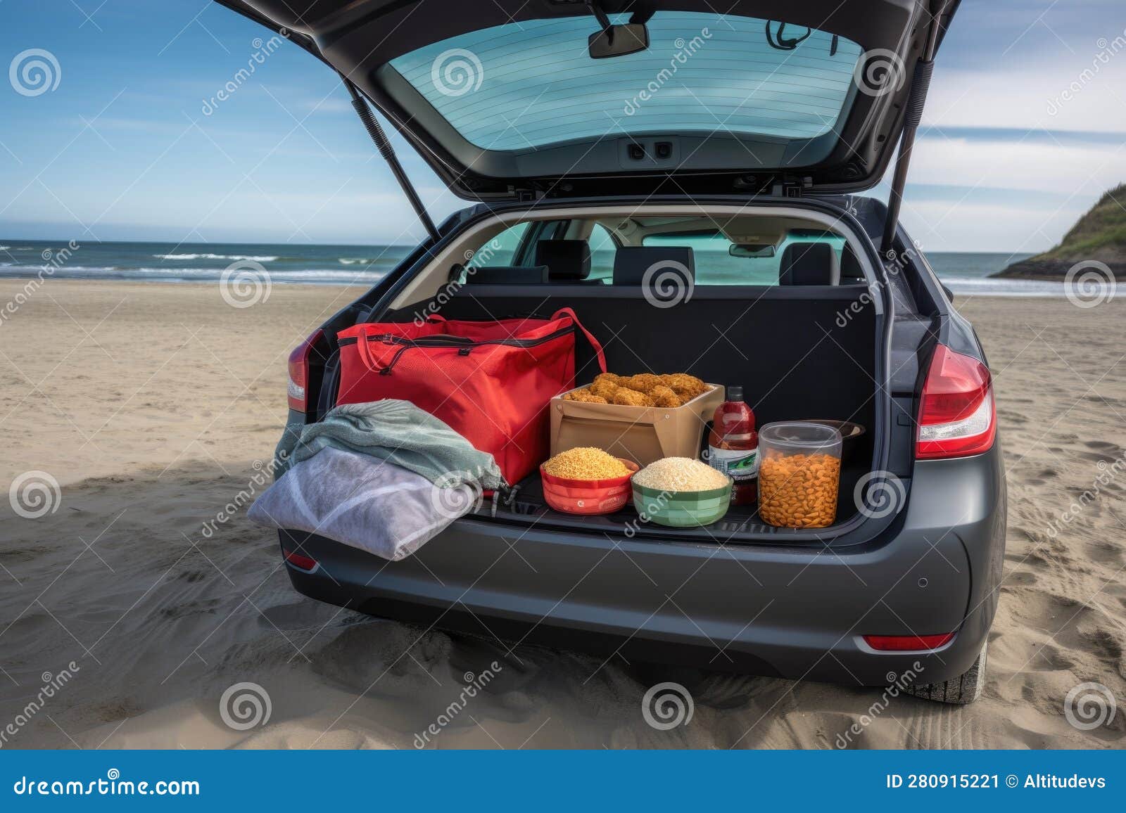Beach Road Trip with Convertible and Bag of Snacks Stock Image - Image ...