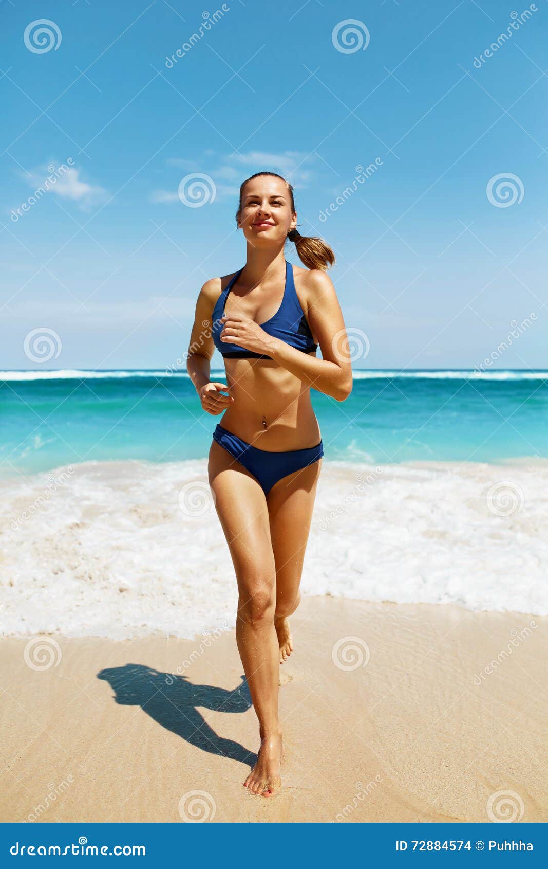 Beach Run Fitness Woman In Bikini Running In Summer Stock Photo