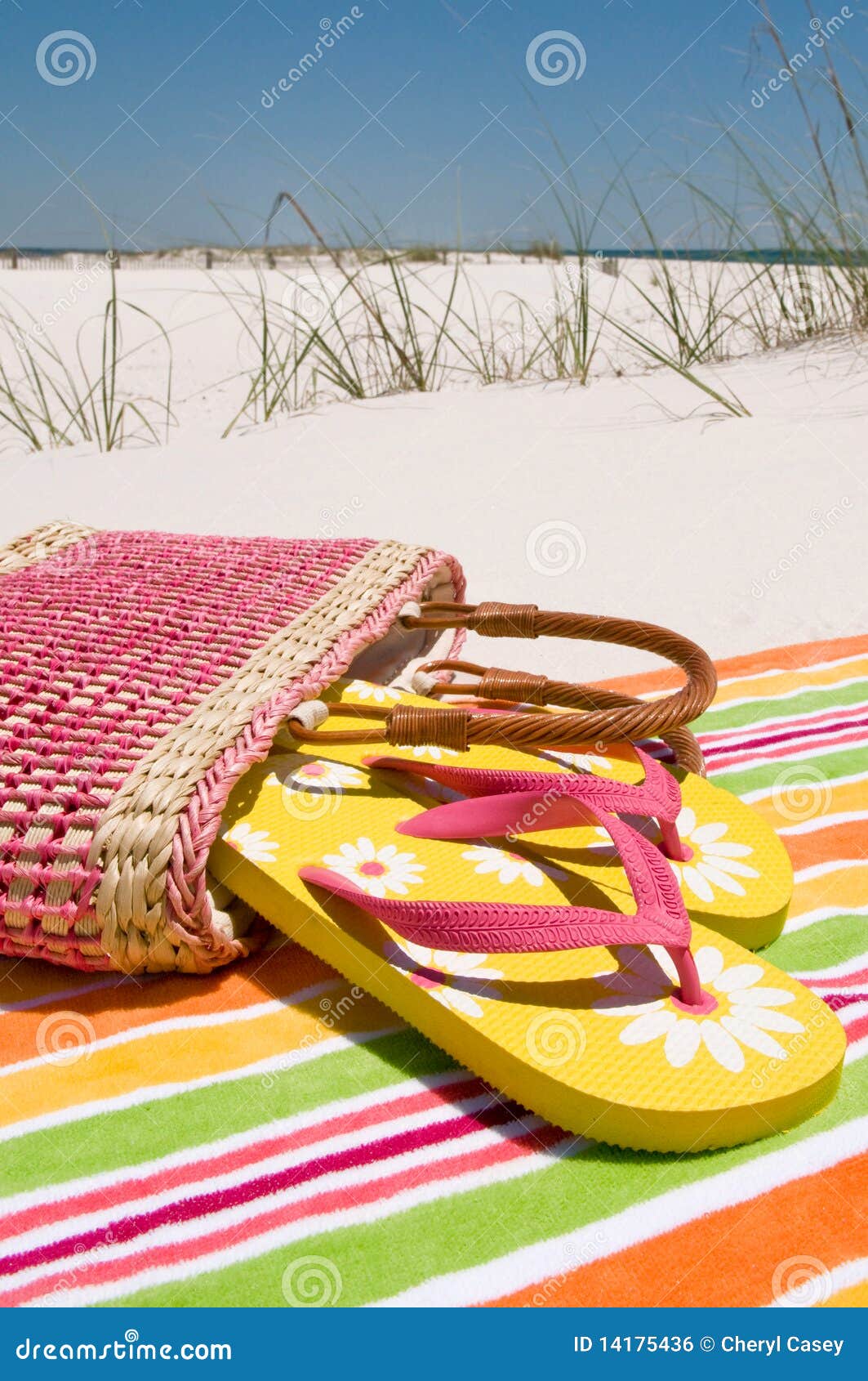 Beach sandals on sand stock photo. Image of purse, straw - 14175436