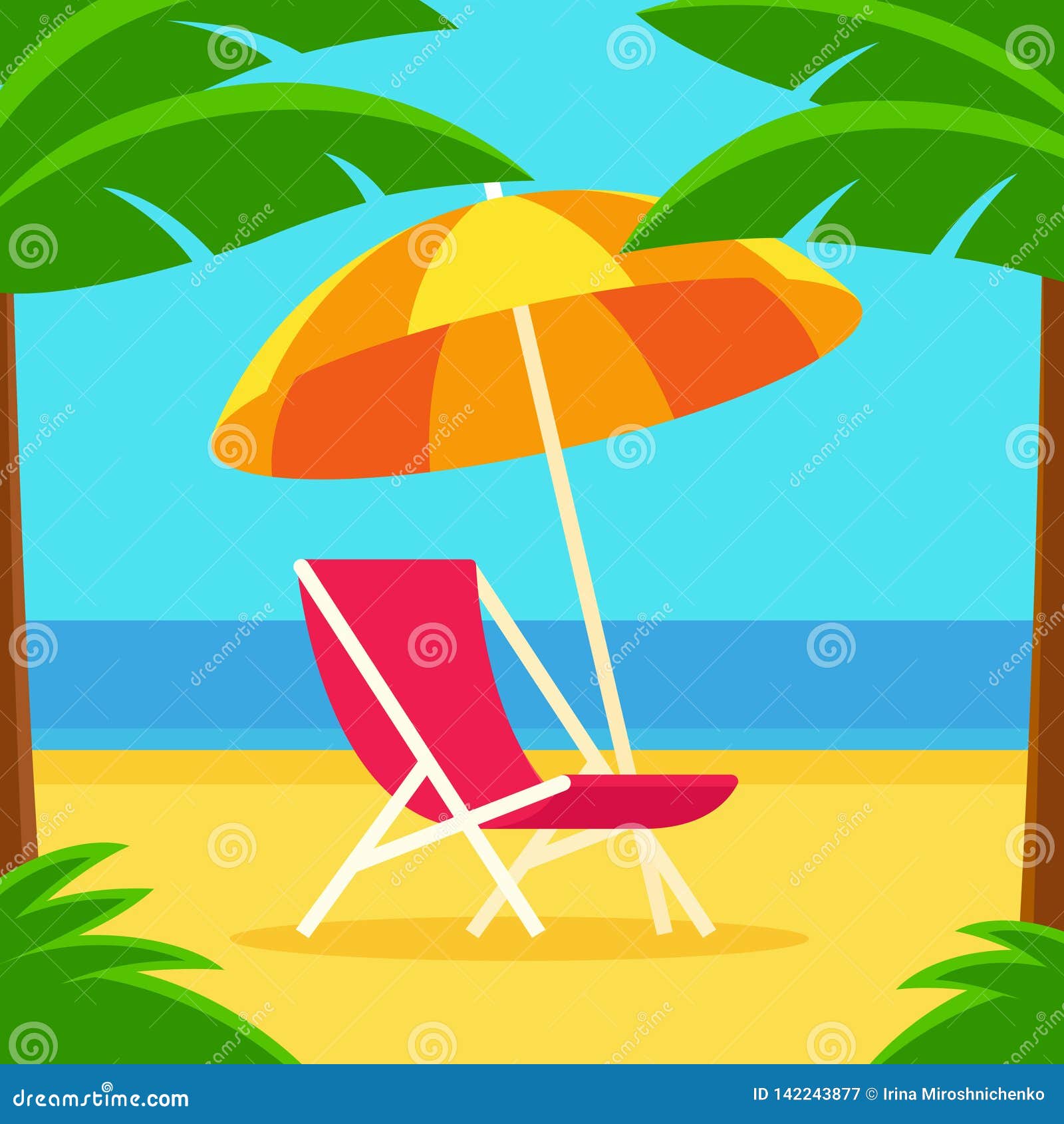 Beach Scene with Chair and Umbrella Stock Vector - Illustration of flat ...