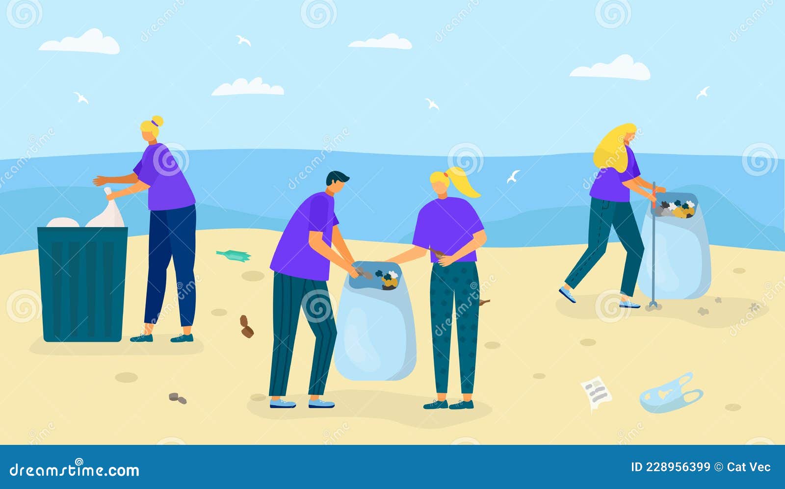Beach Shore with Garbage, Vector Illustration. People Character Collect ...