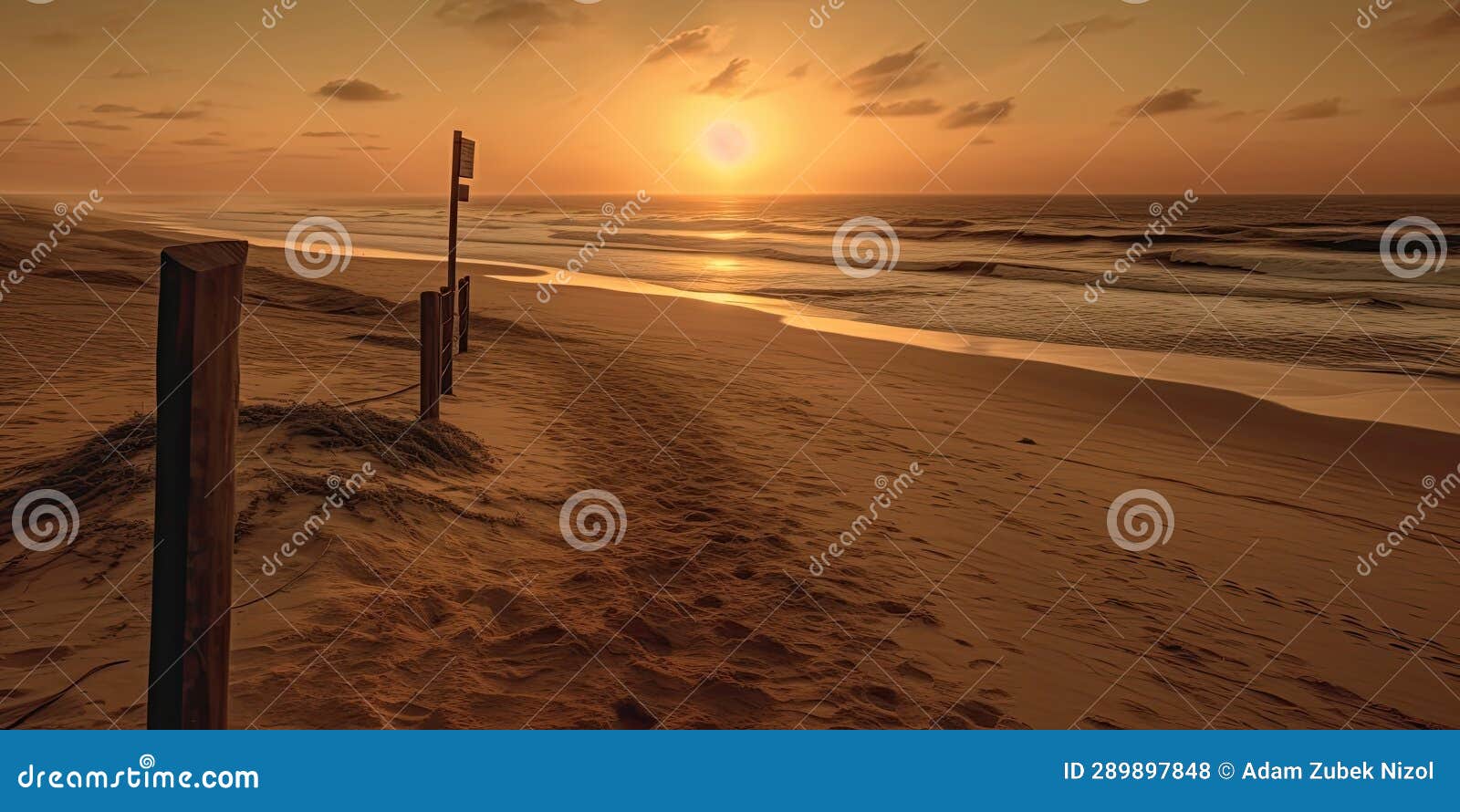 A Beach with a Sign and Waves in the Background Stock Illustration
