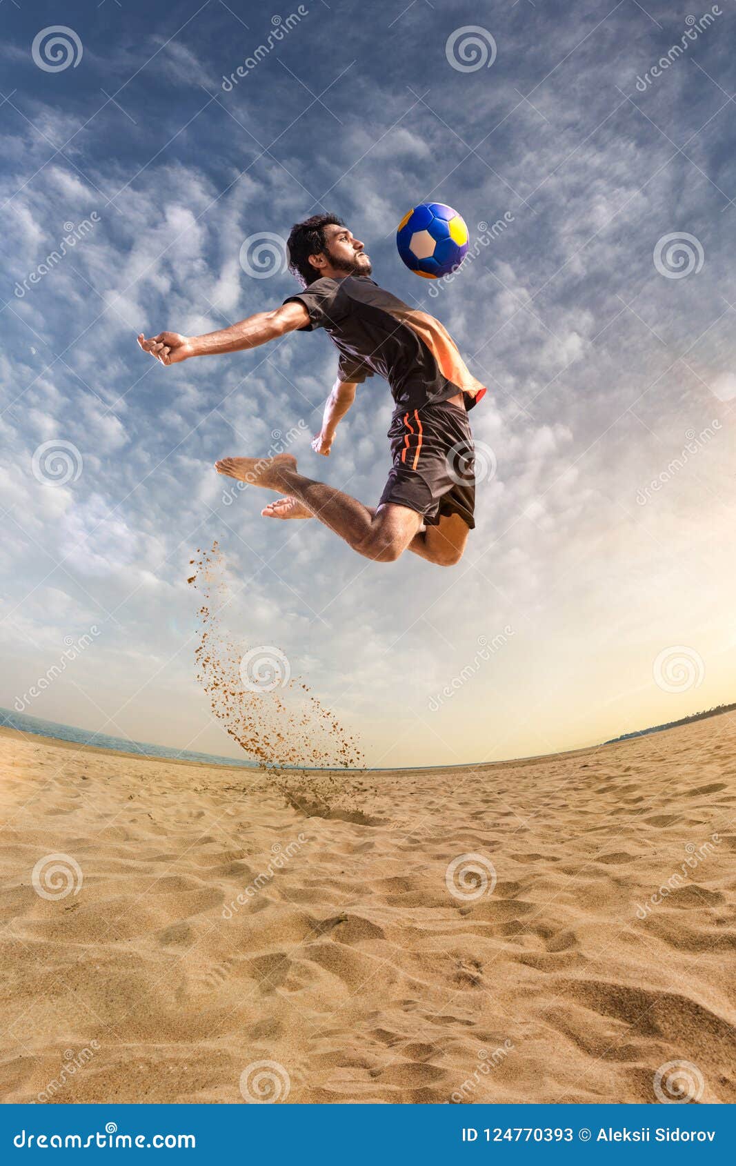 Beach Soccer Player in Action. Sunny Beach Wide Angle Stock Image ...