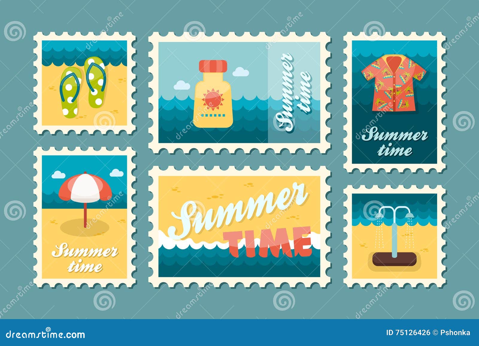 Beach Stamp Set. Summer. Vacation Stock Illustration - Illustration of ...