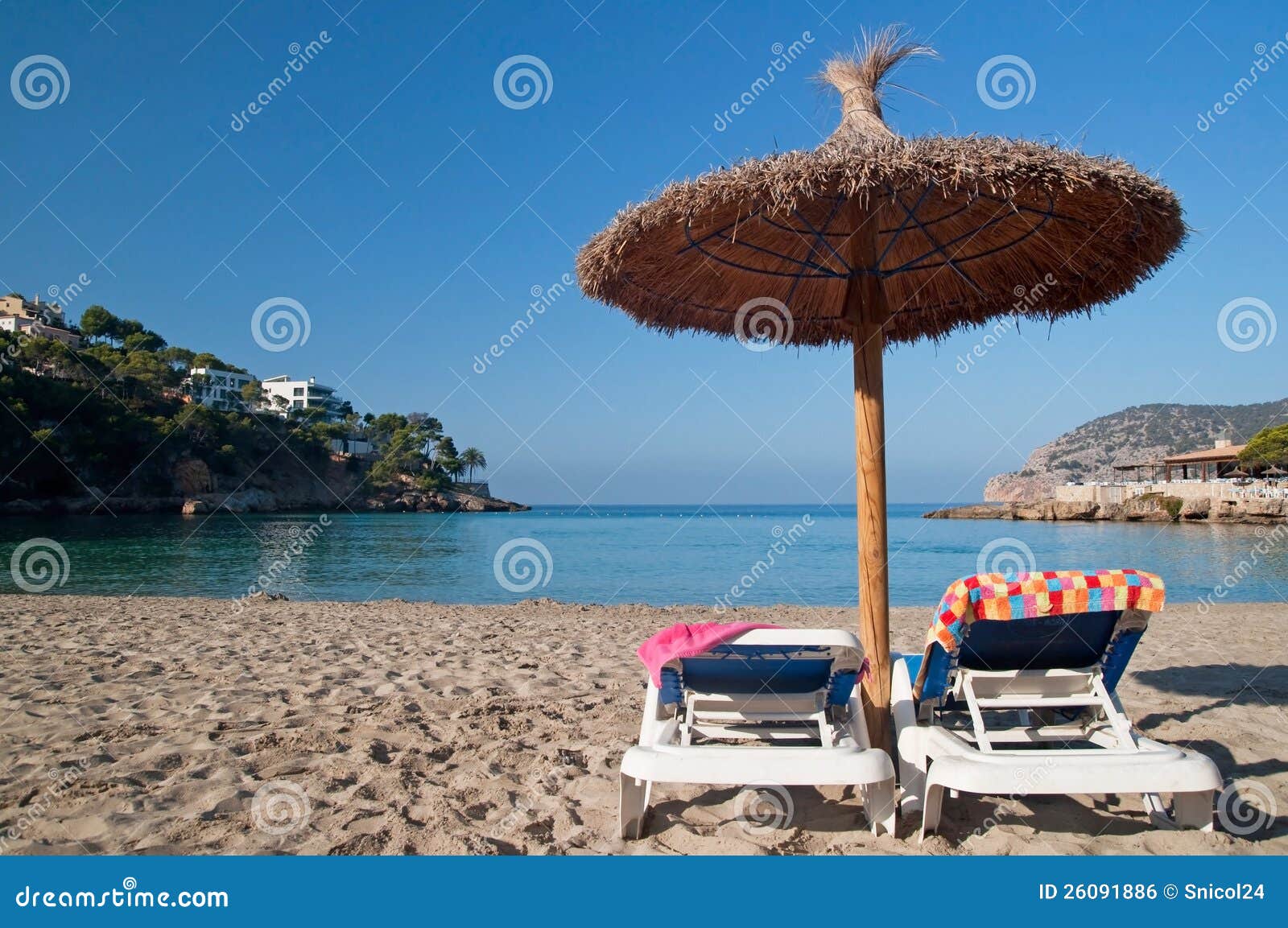 Beach Sunbeds with Towels and Umbrella Stock Photo Image of blue, spain 26091886