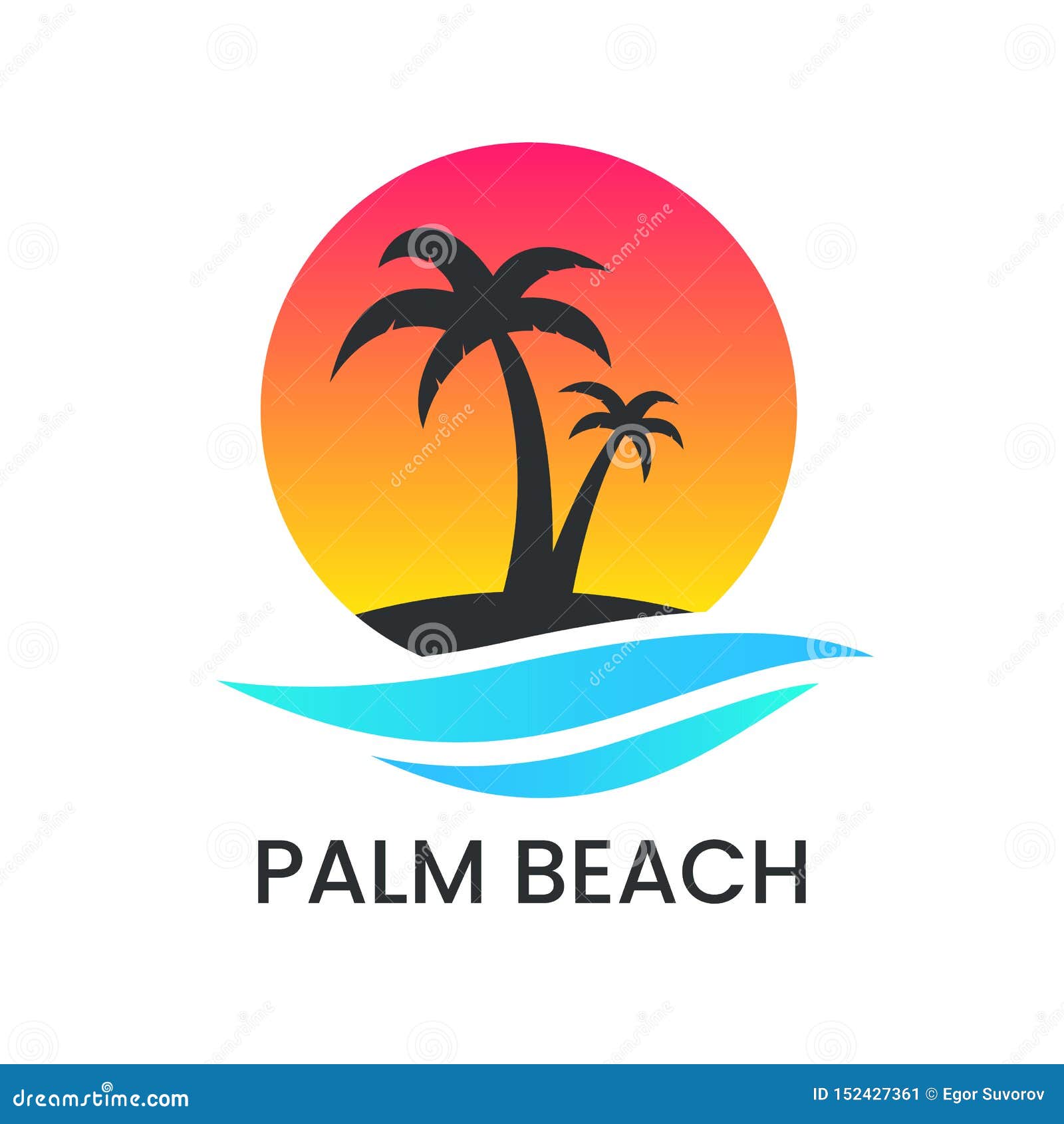 Beach Sunset Logo On White Backdrop. Palm Tree Silhouette