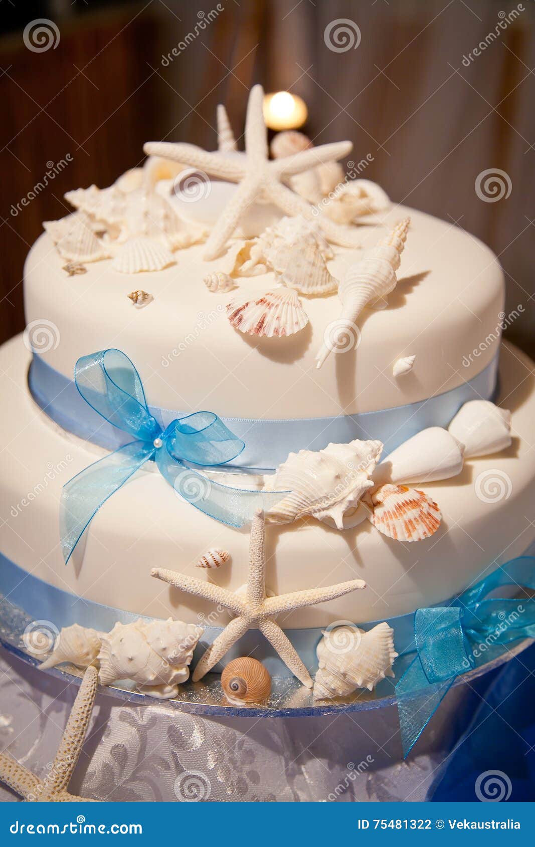 Beach Theme Wedding Cake With Starfish And Shells Stock Photo