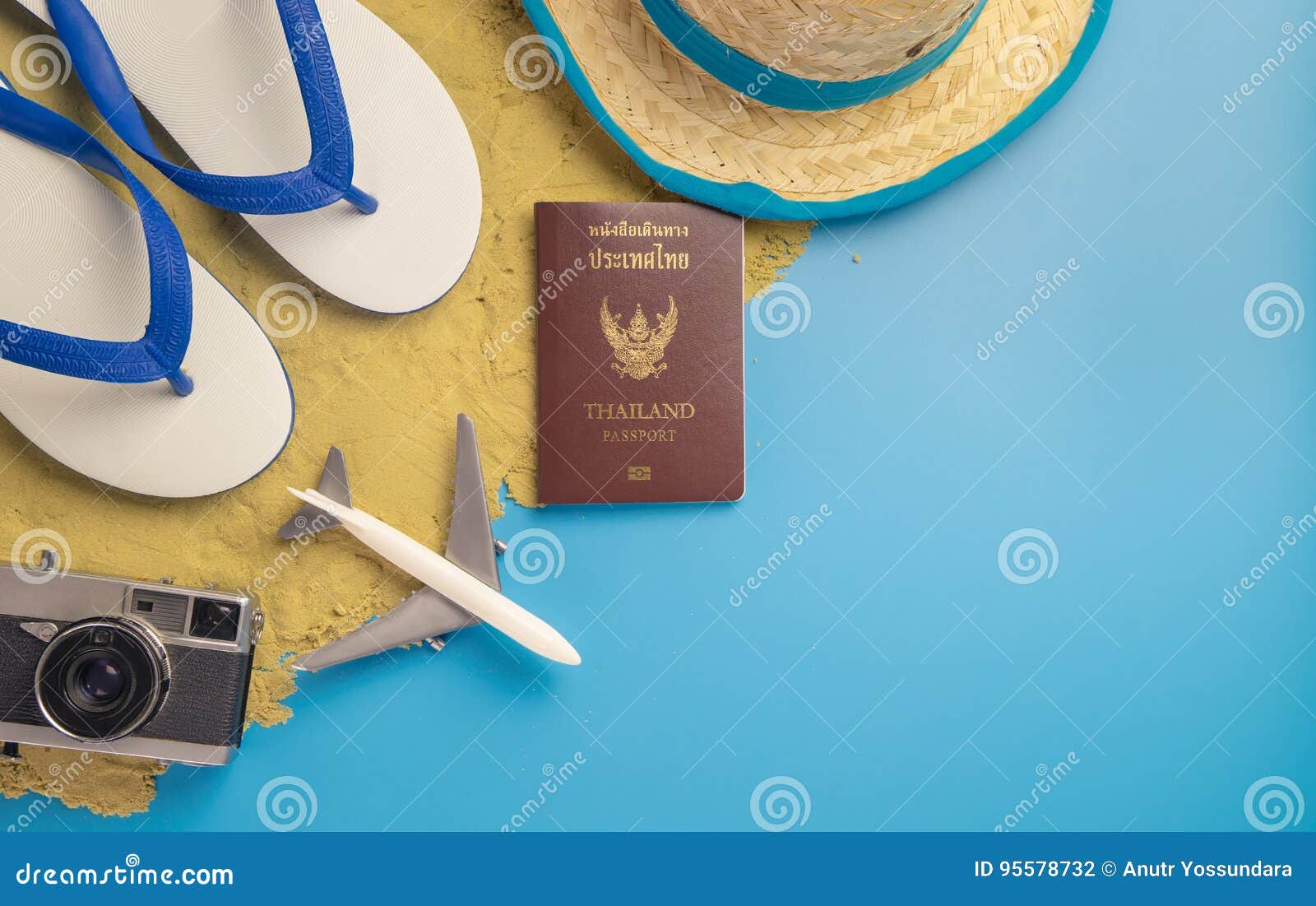 Beach Travel Accessories on Sand and Blue Stock Photo Image of