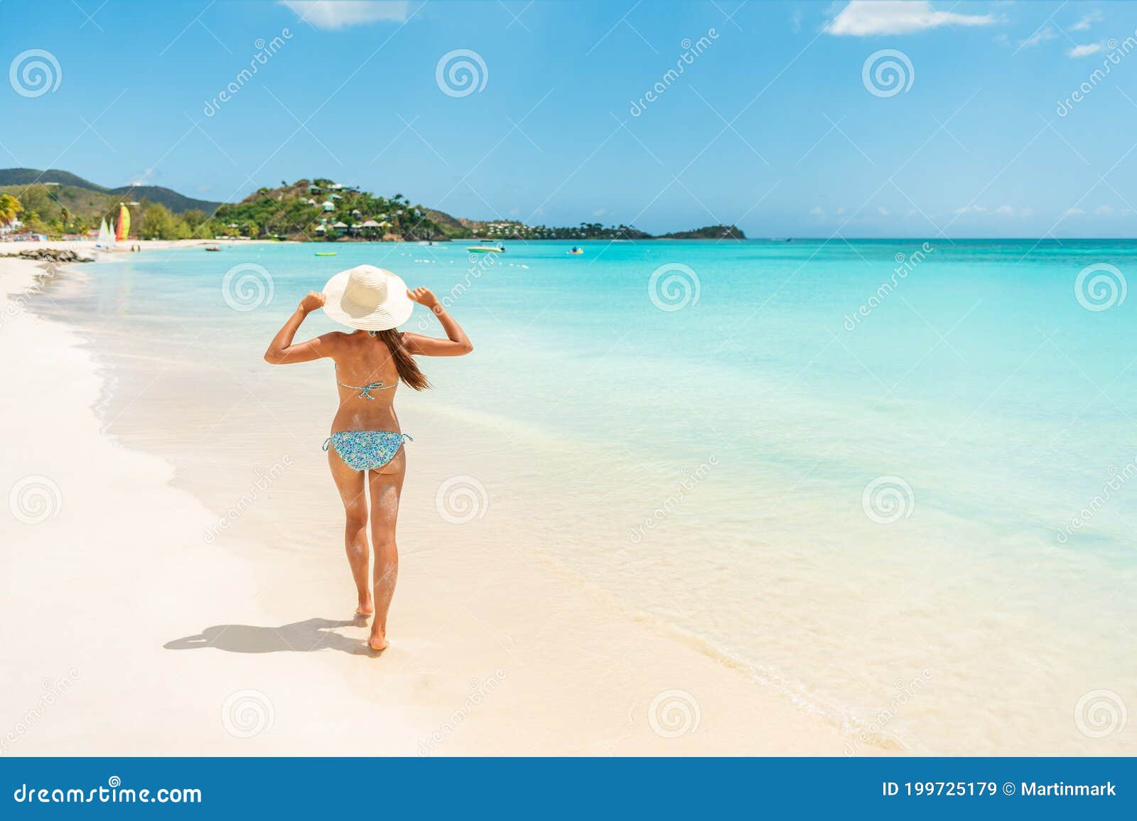 Beach Travel Vacation Woman Walking On Luxury Caribbean Cruise Destination Antigua Island In