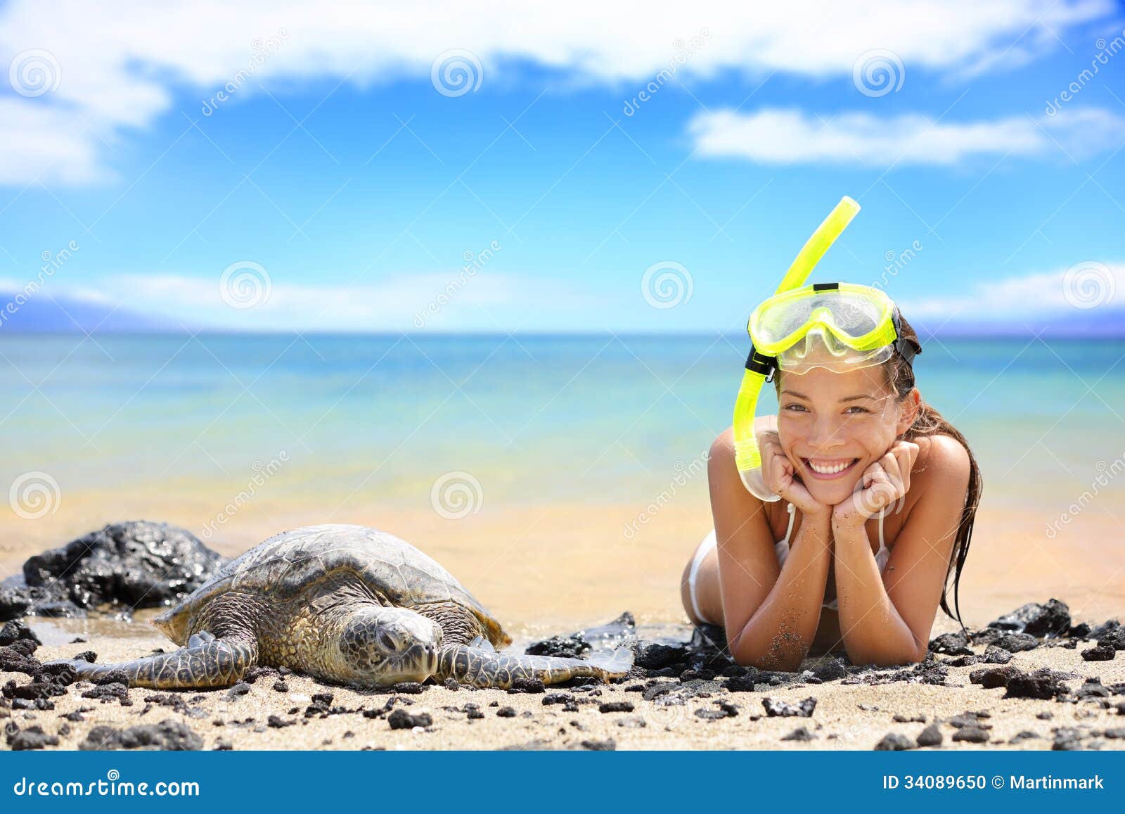 Beach Travel Woman on Hawaii with Sea Sea Turtle Stock Photo - Image of  life, beach: 34089650