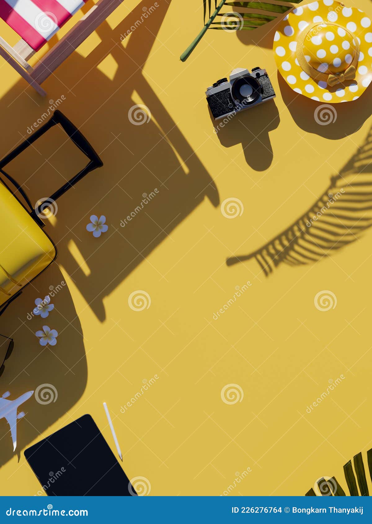 beach vibe concept, copy space for text on yellow background, summer time