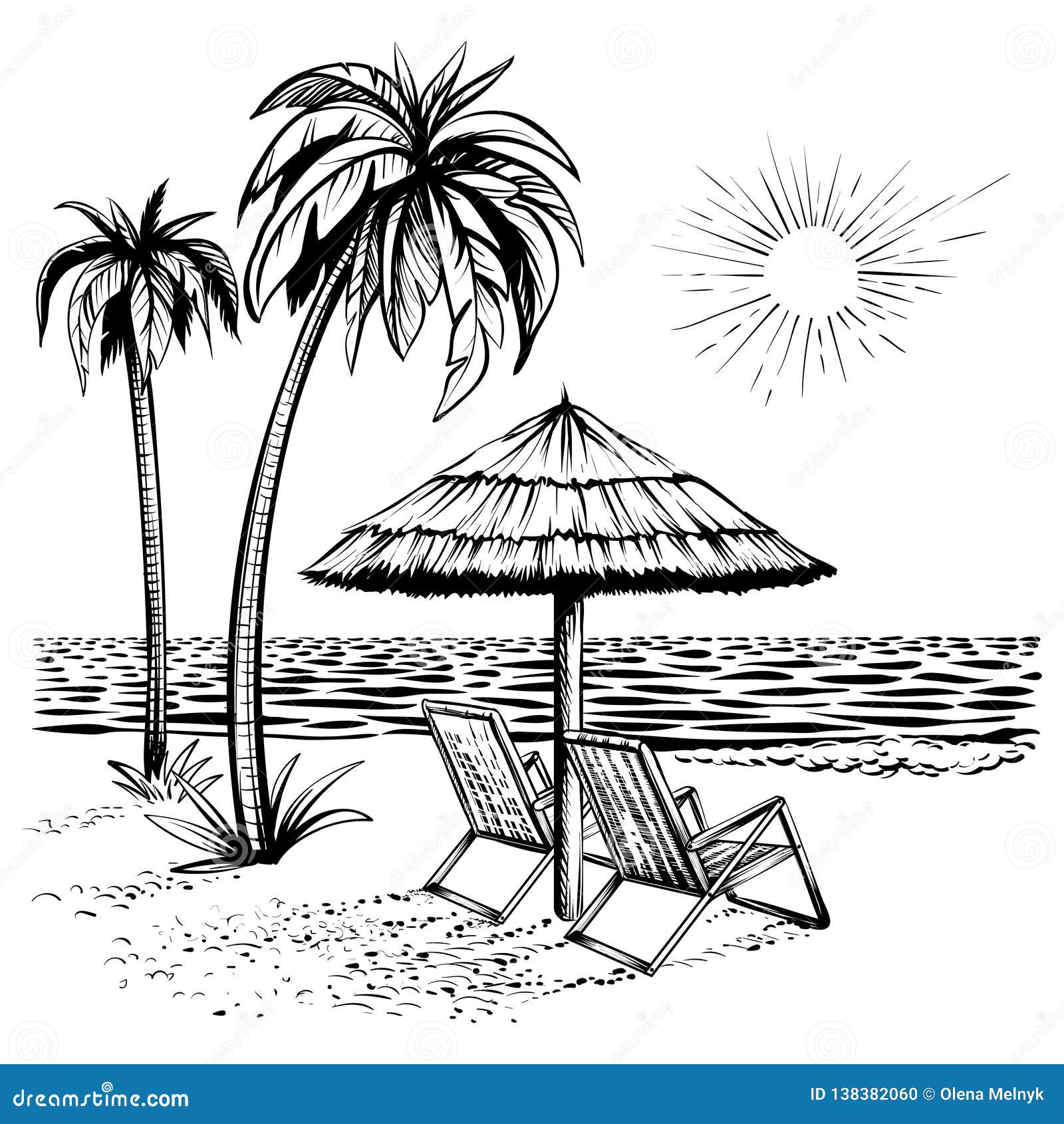 Beach View with Palm Lounger and Parasol Vector Sketch Illustration  Stock Vector  Illustration of ocean scene 138382060