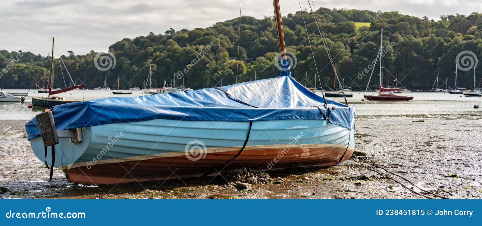 beached sailing boat at low tide on the river dart near dittisham, south devon, uk