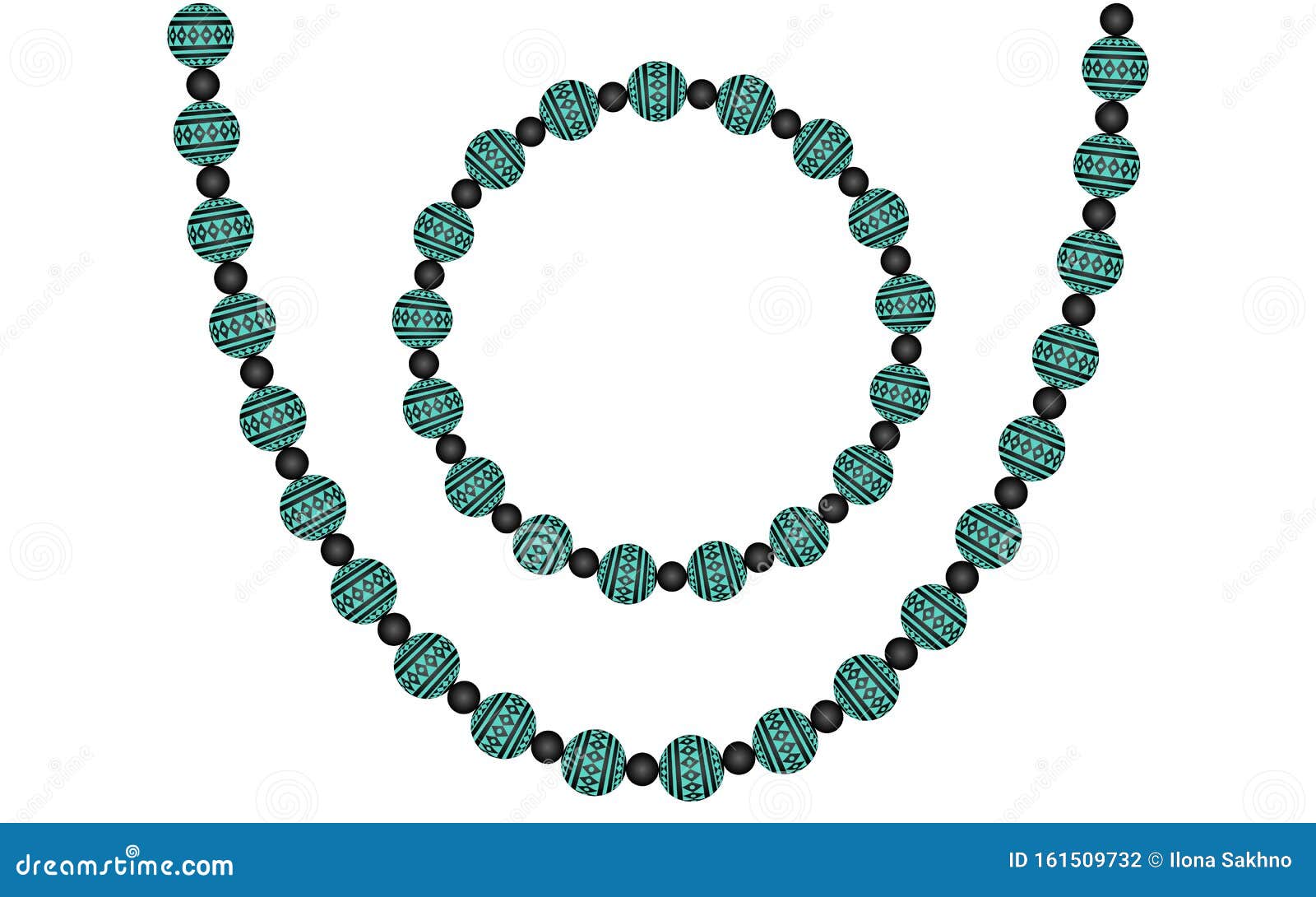 Beads on a White Background, Black Beads and Beads with a Green Pattern, Vector Illustration