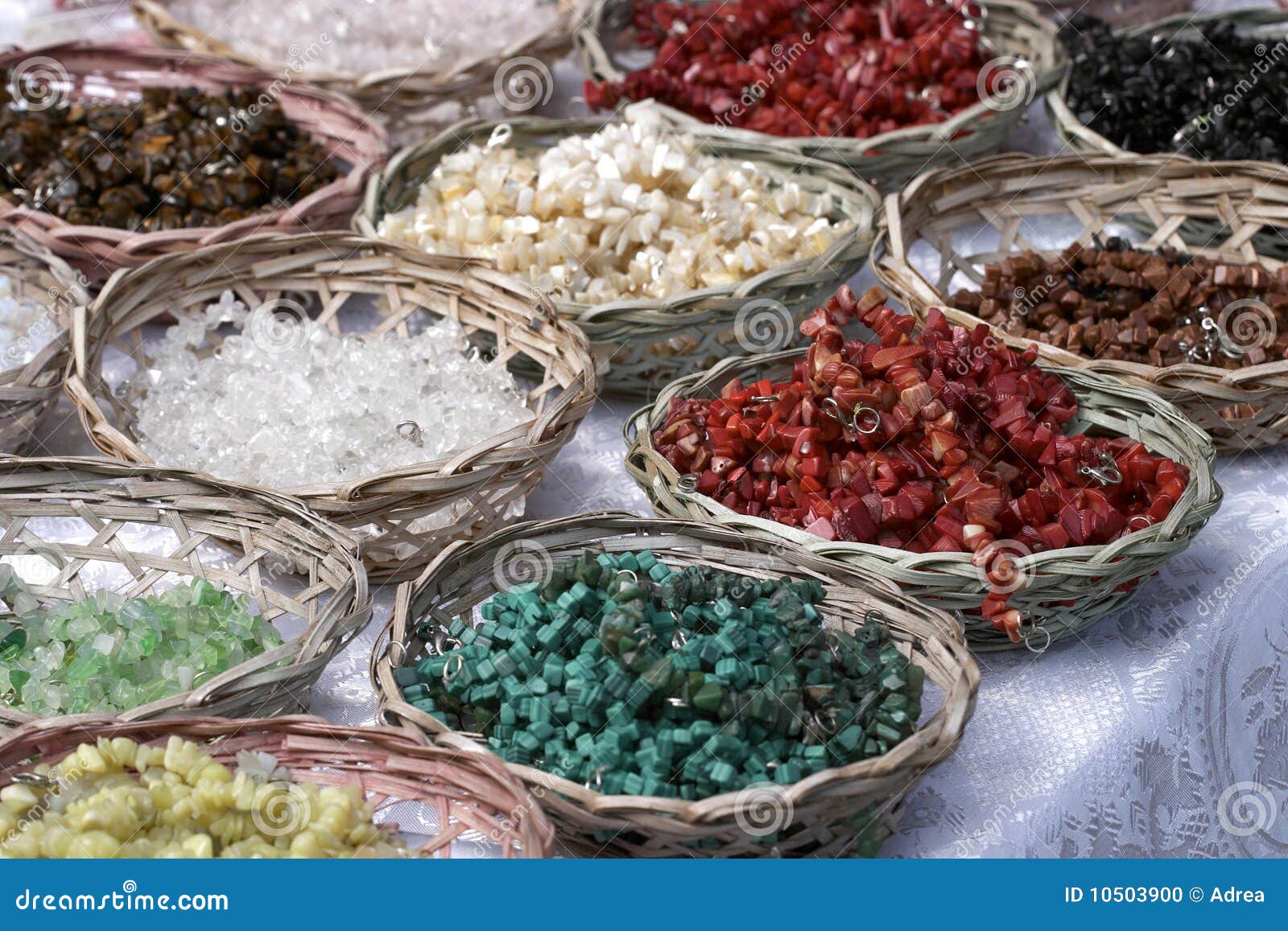 Small Baskets with Beads Made from Different Stones Stock Photo Image