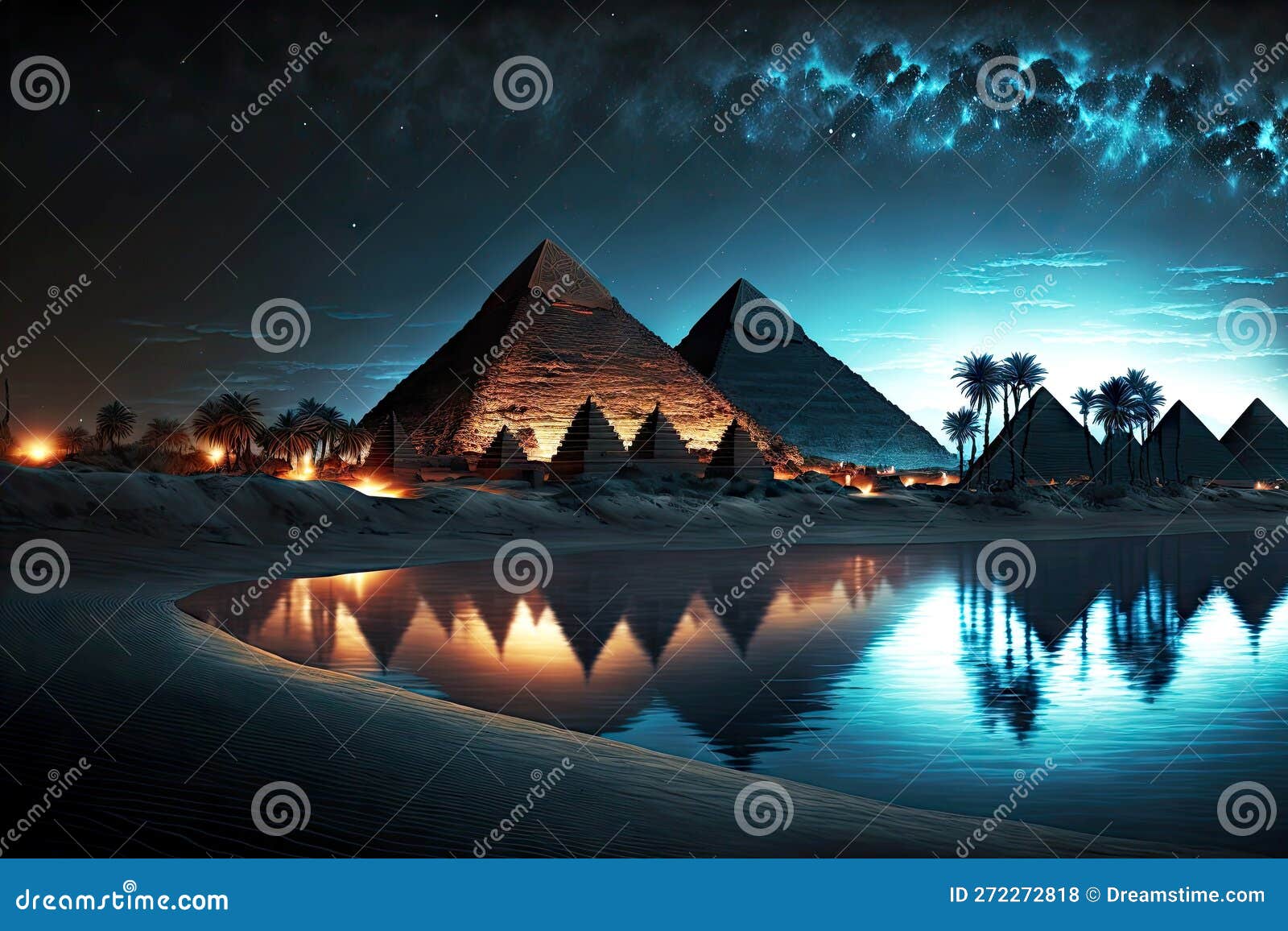 Beaful Night Scenery with Egyptian Pyramids Located on Shore of ...