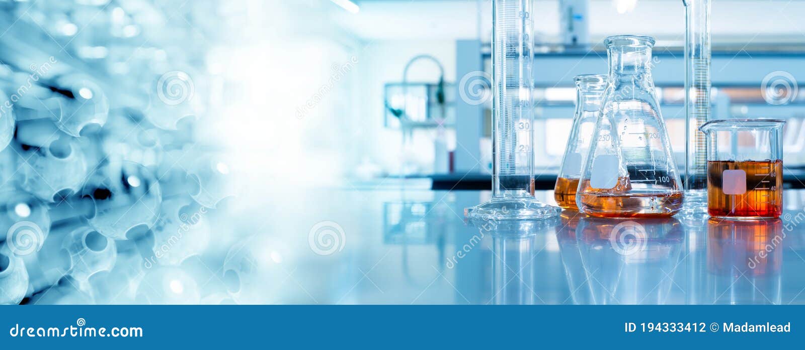 Beaker and Flask in Science Laboratory with Chemical Structure Blue Banner  Background Stock Photo - Image of development, pharmaceutical: 194333412