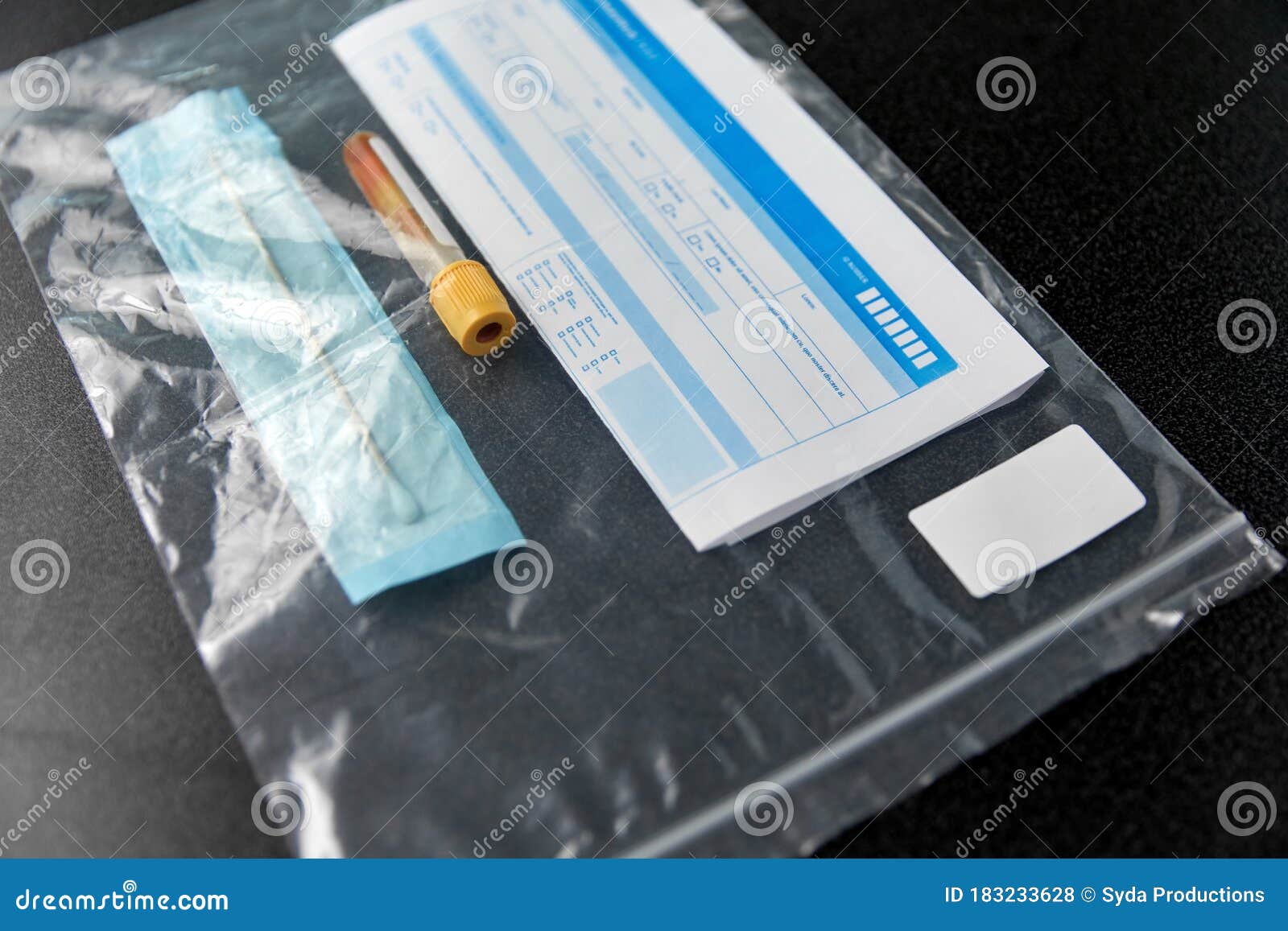 Download Beaker With Test, Cotton Swab And Medical Report Stock Photo - Image of copyspace, mockup: 183233628