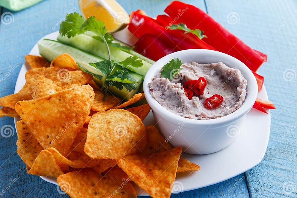Bean Dip with Corn Chips and Vegetables Stock Image Image of refried