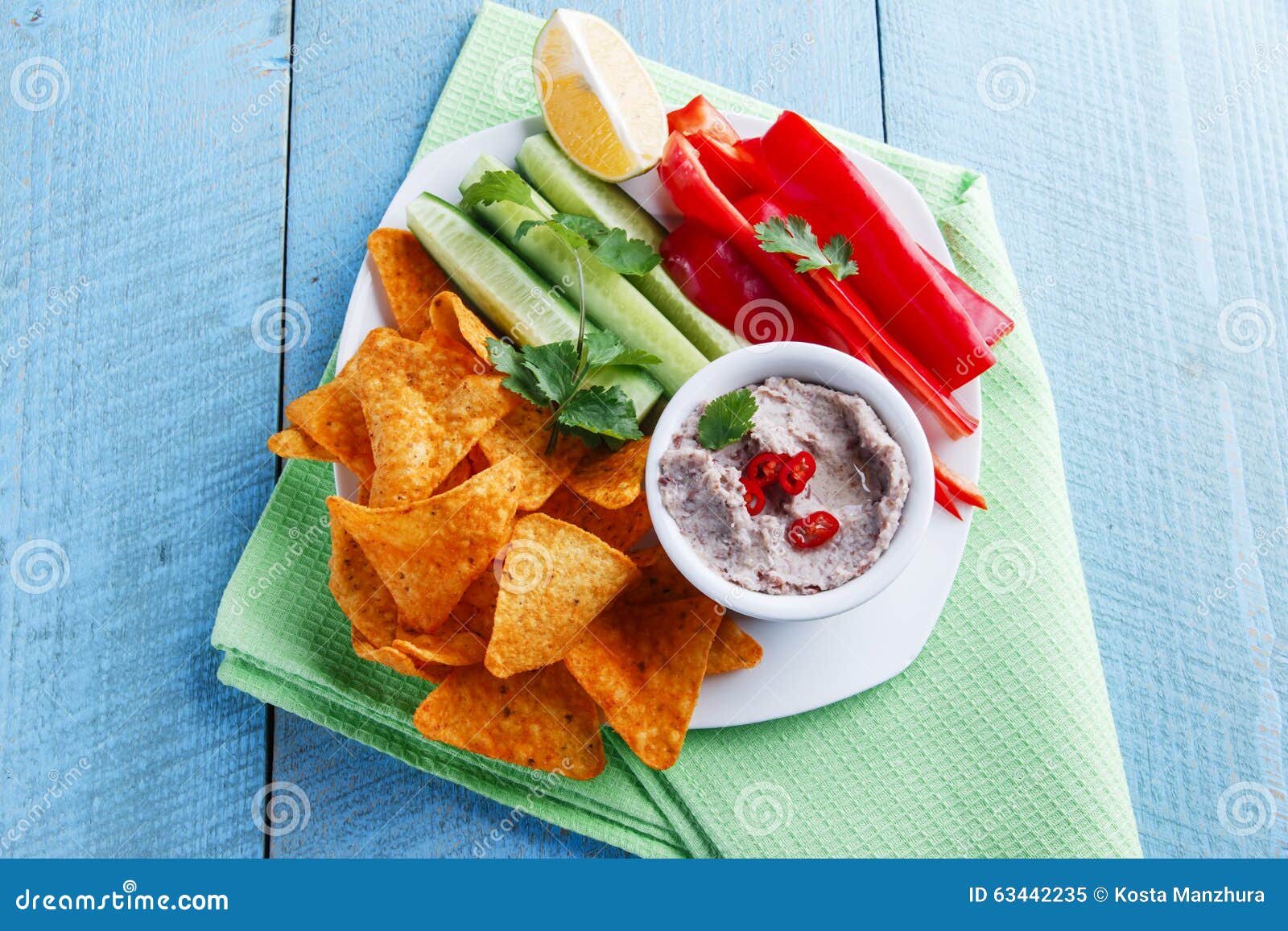 Bean Dip with Corn Chips and Vegetables Stock Image Image of refried