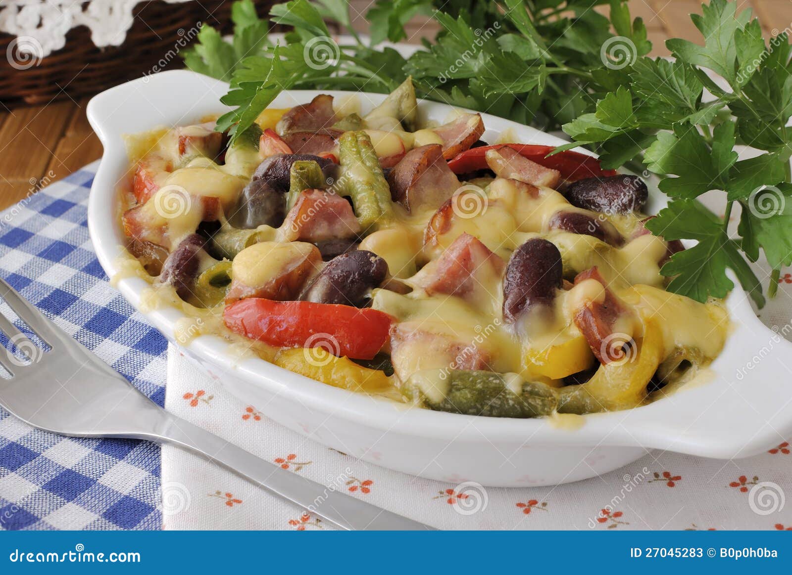 Beans with Ham and Vegetables, Baked with Cheese Stock Image Image of