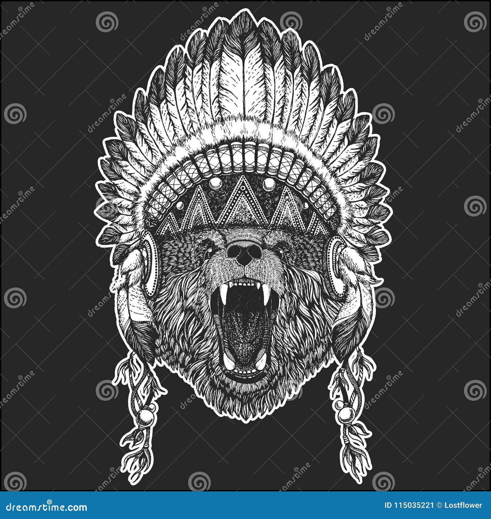 Bear Cool Animal Wearing Native American Indian Headdress With Feathers Boho Chic Style Hand Drawn Image For Tattoo Stock Vector Illustration Of Dress Engraving 115035221