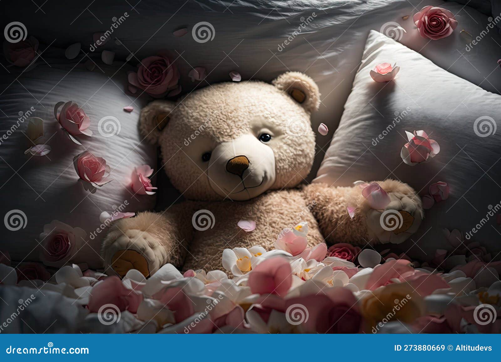 Bear Doll Lying on Bed of Plush Pillows, Surrounded by Rose Petals