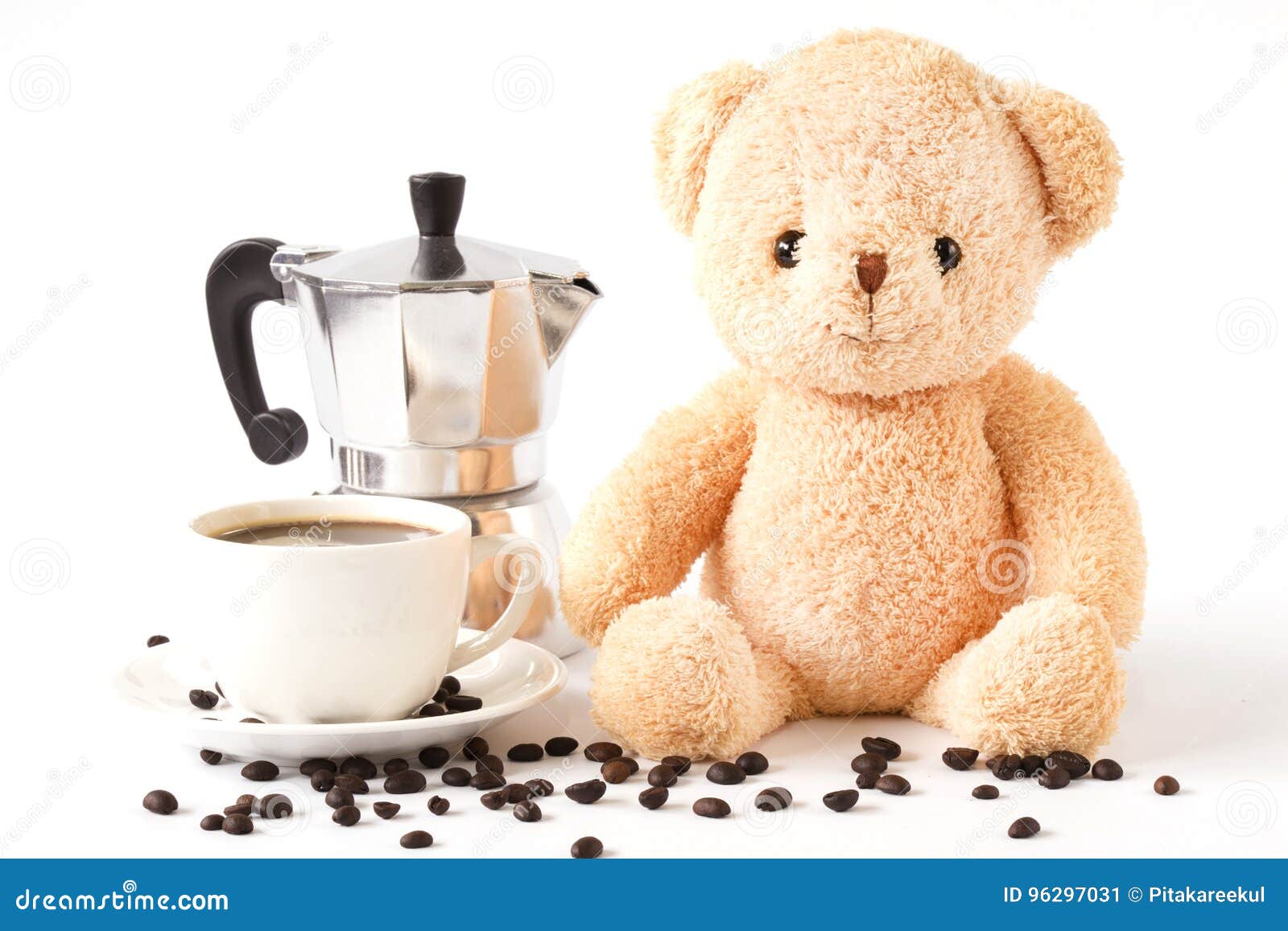 Bear Doll Sitting with Black Coffee Cup and Coffee Maker Isolate Stock ...