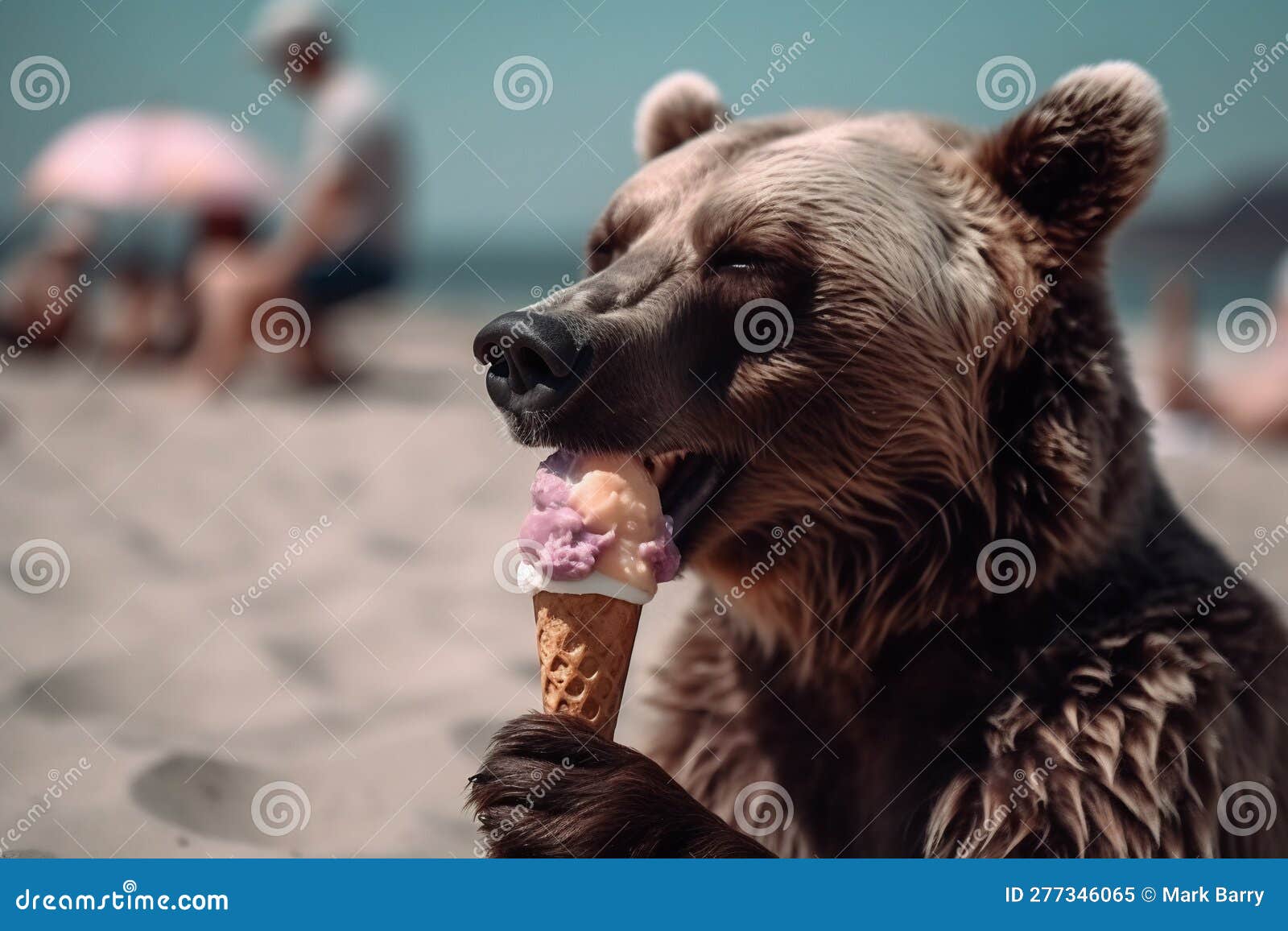 Bear Eating Ice Cream on the Beach. AI Generative Image Stock