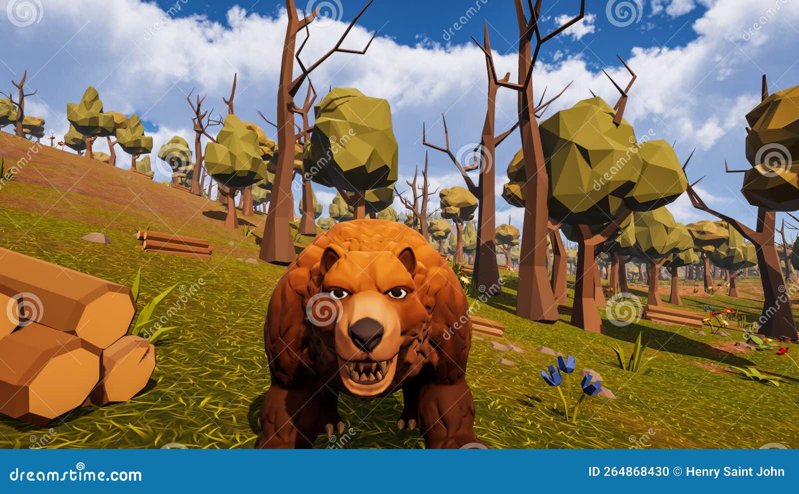 a bear facing the camera with a natural background ed in low poly 3d render