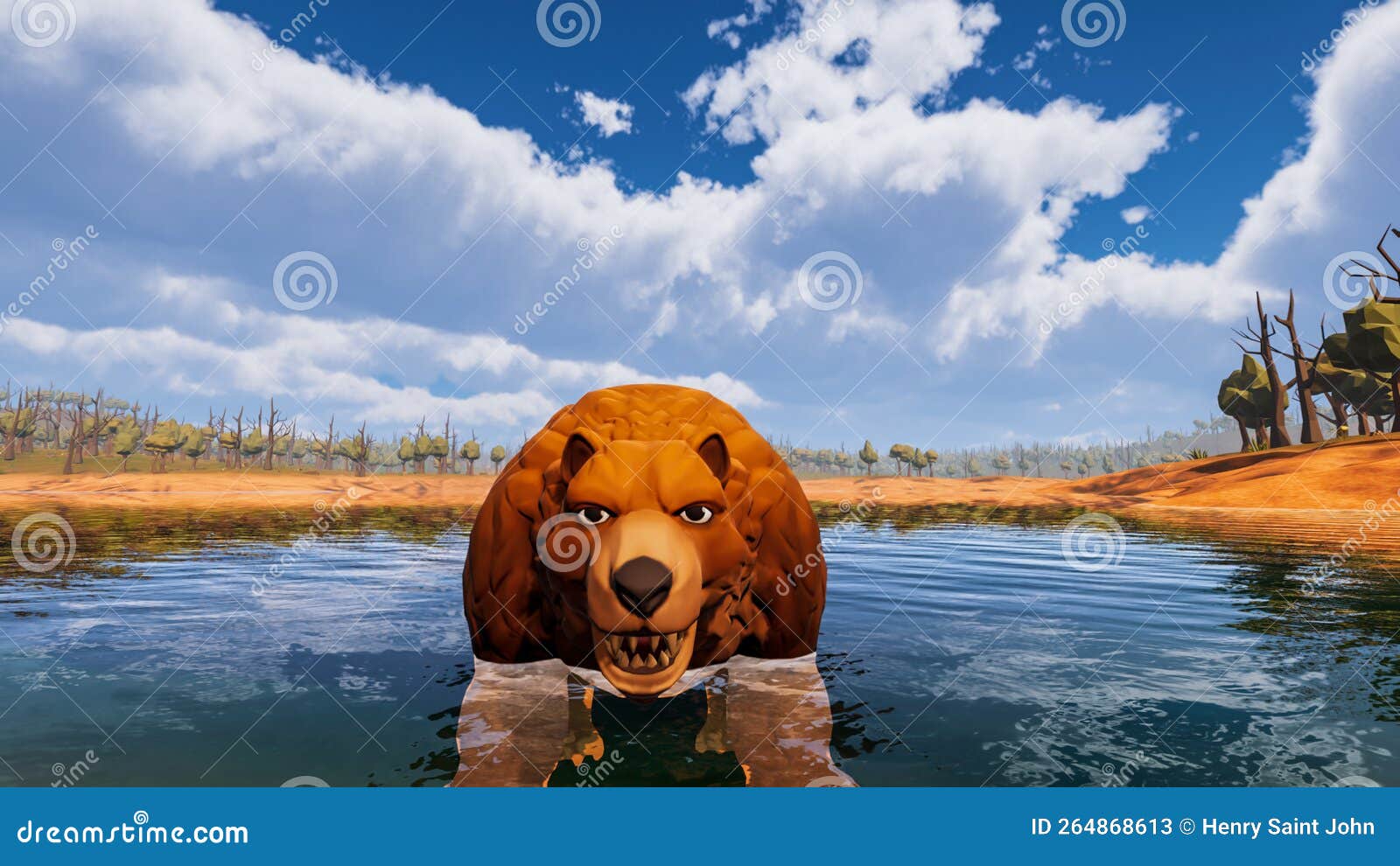 a bear facing the camera with a natural background ed in low poly 3d render