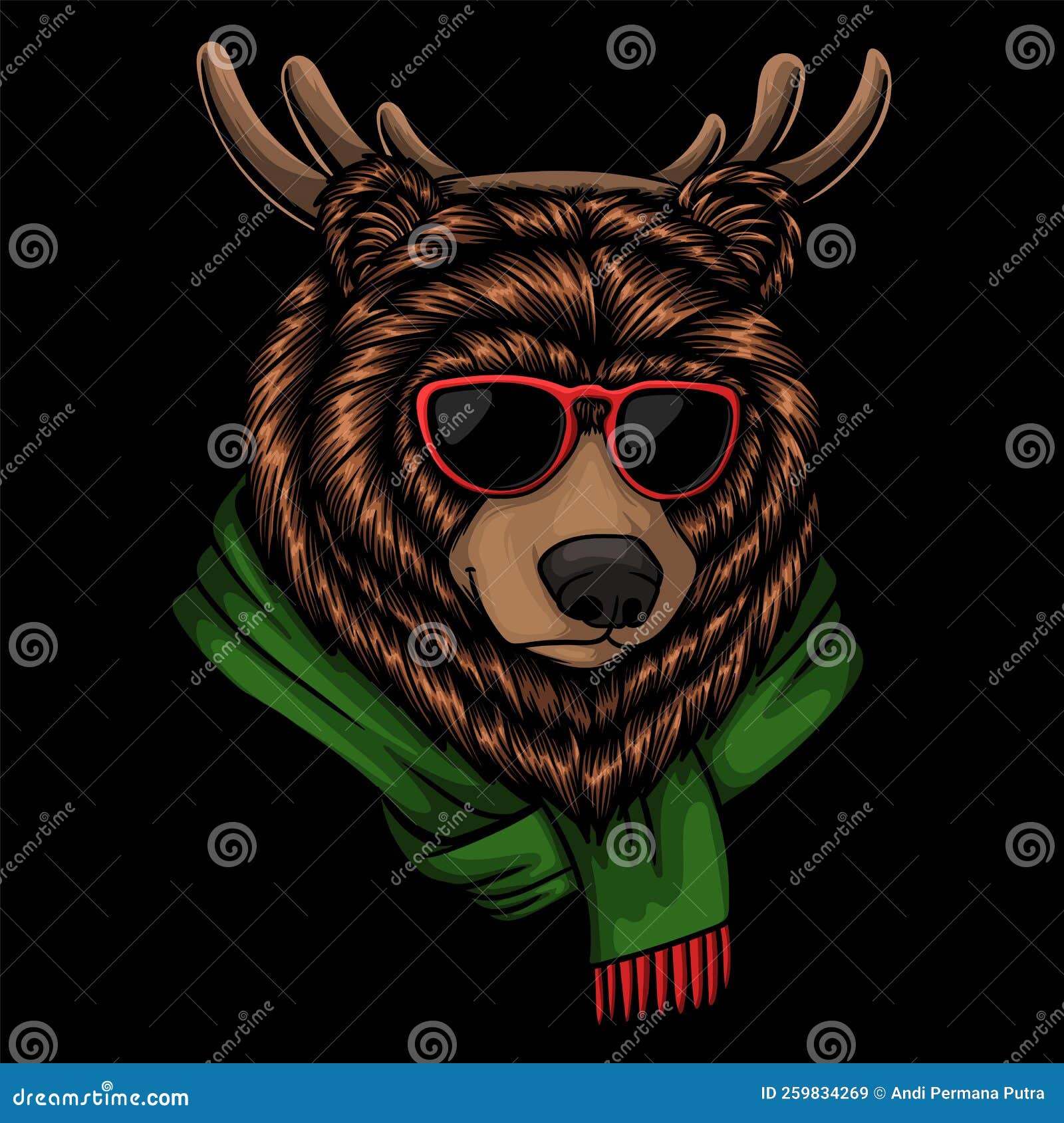 Bear Head Wearing Deer Antlers Christmas Vector Illustration Stock ...