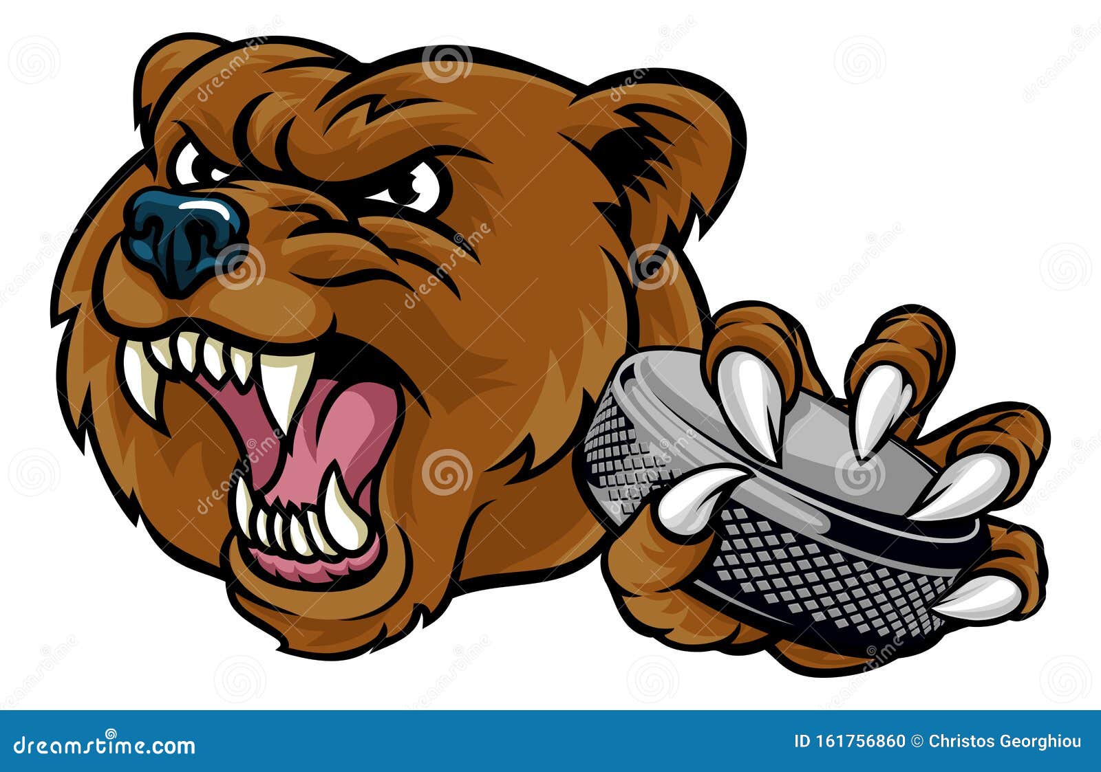 A bear ice hockey player animal sports mascot holding a hockey puck
